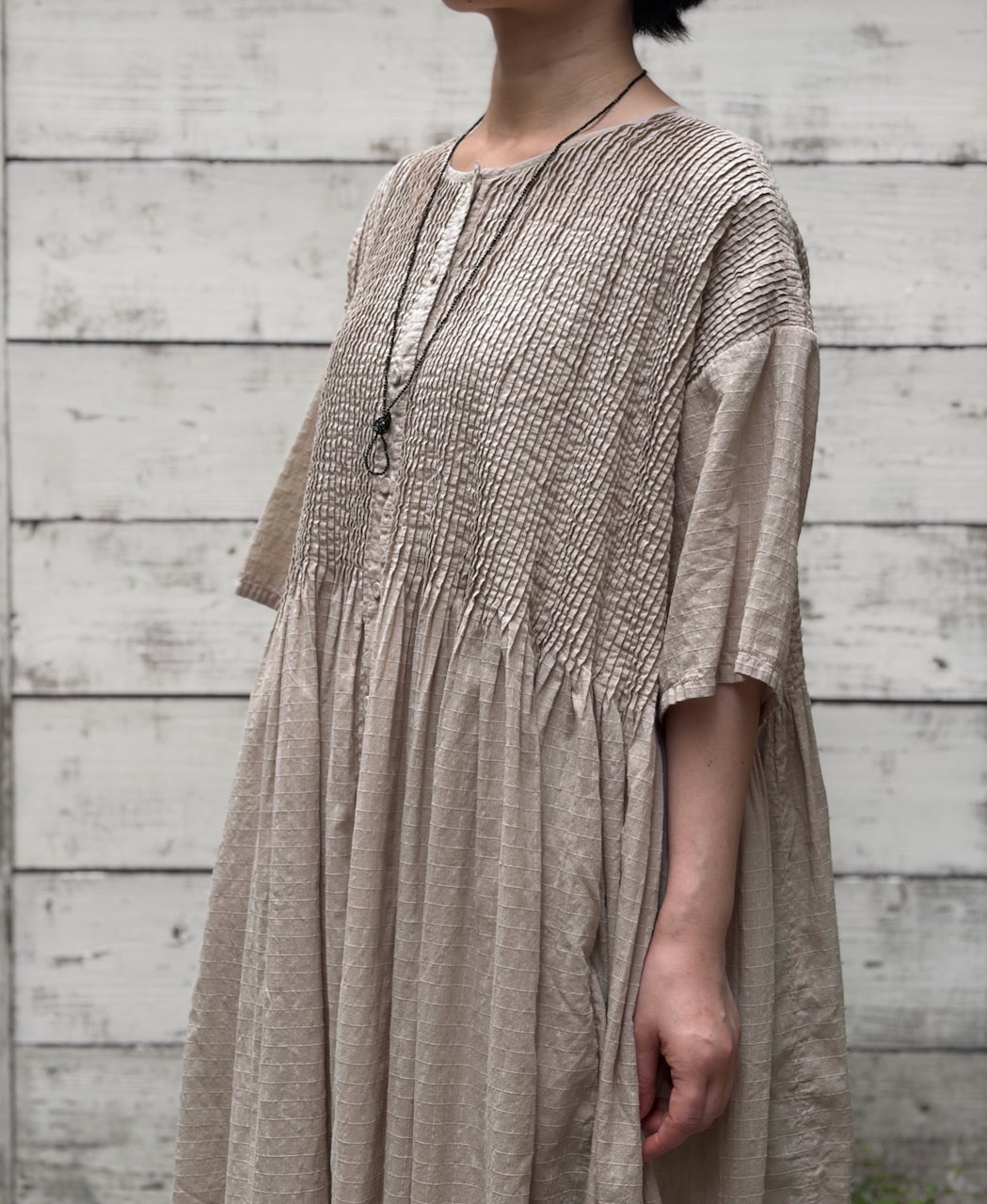 NMDS26504D 80s ORGANIC DOBIE CHECK OVERDYE CREW-NECK BUTTON SHIRT MAXI DRESS WITH PINTUCK