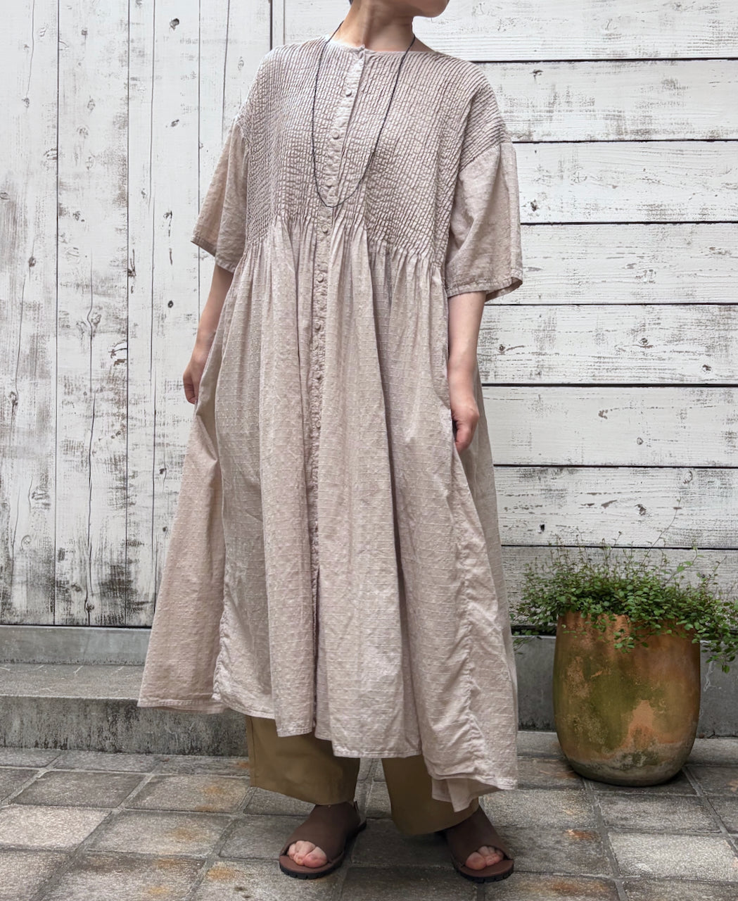 NMDS26504D 80s ORGANIC DOBIE CHECK OVERDYE CREW-NECK BUTTON SHIRT MAXI DRESS WITH PINTUCK