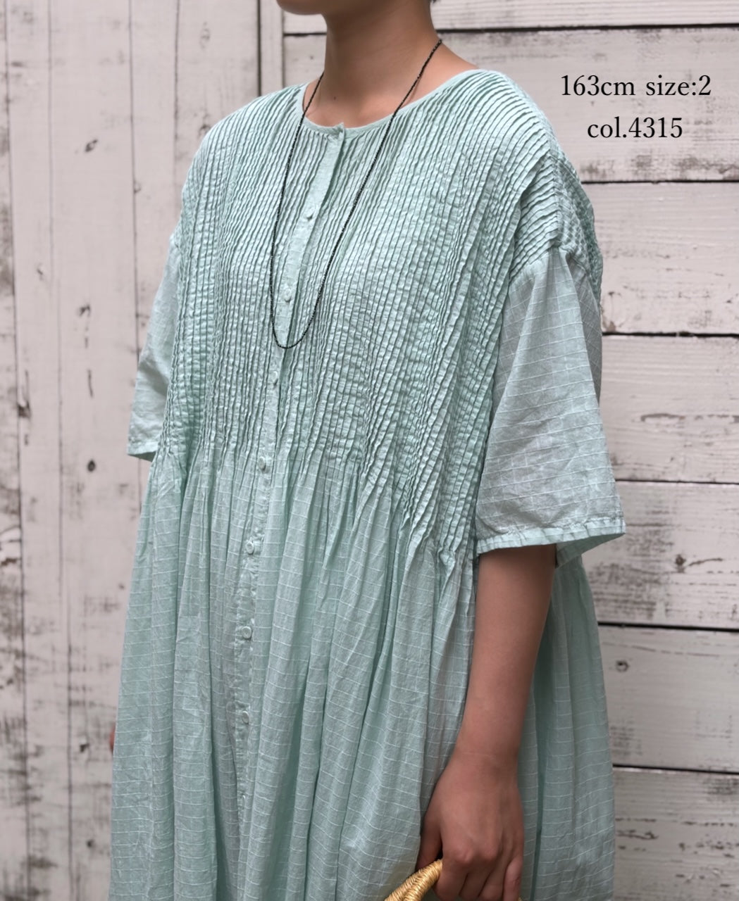 NMDS26504D 80s ORGANIC DOBIE CHECK OVERDYE CREW-NECK BUTTON SHIRT MAXI DRESS WITH PINTUCK
