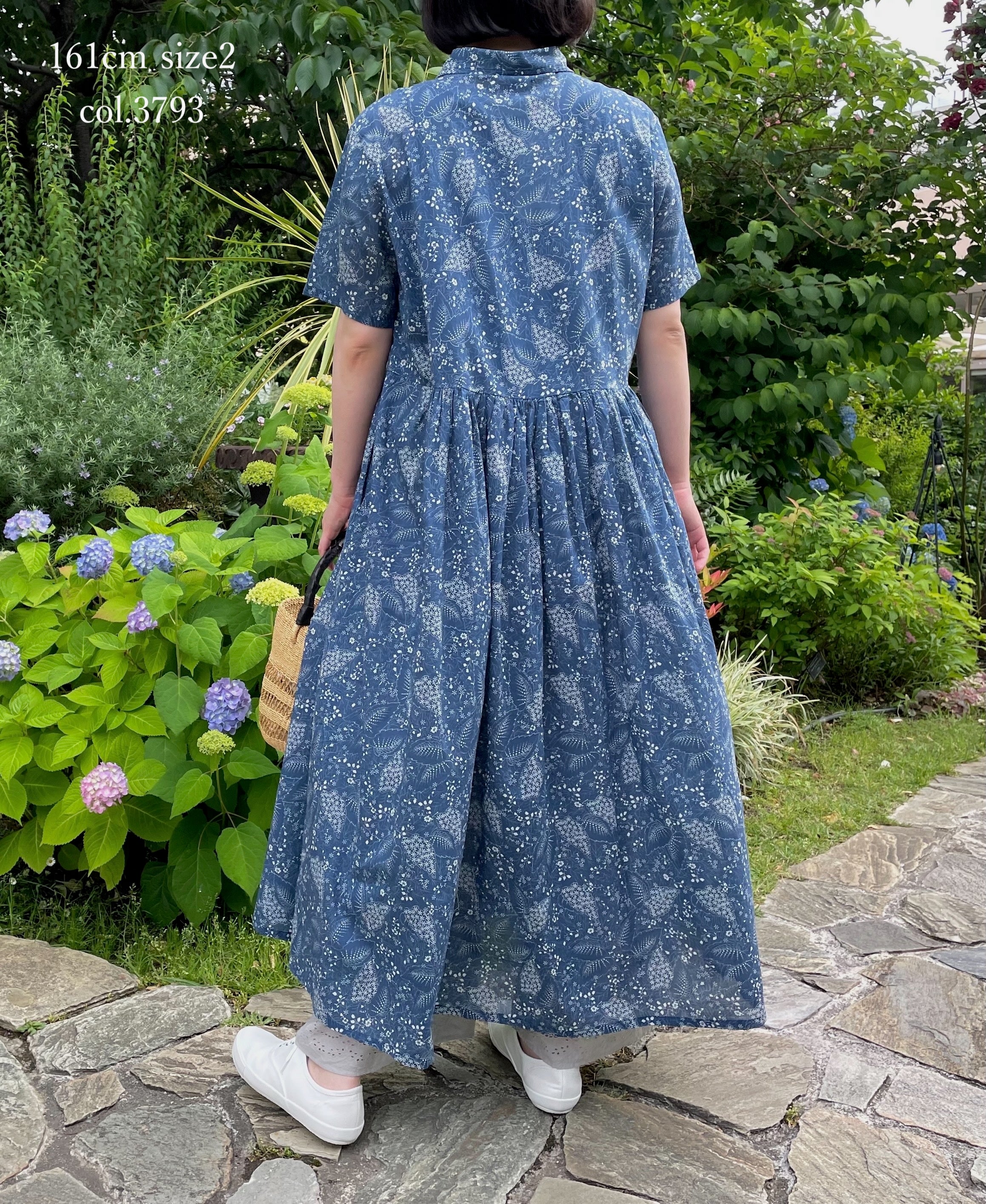NSL26063 80s VOILE LEAF & FLOWER PRINT REGULAR COLLAR S/SL DRESS