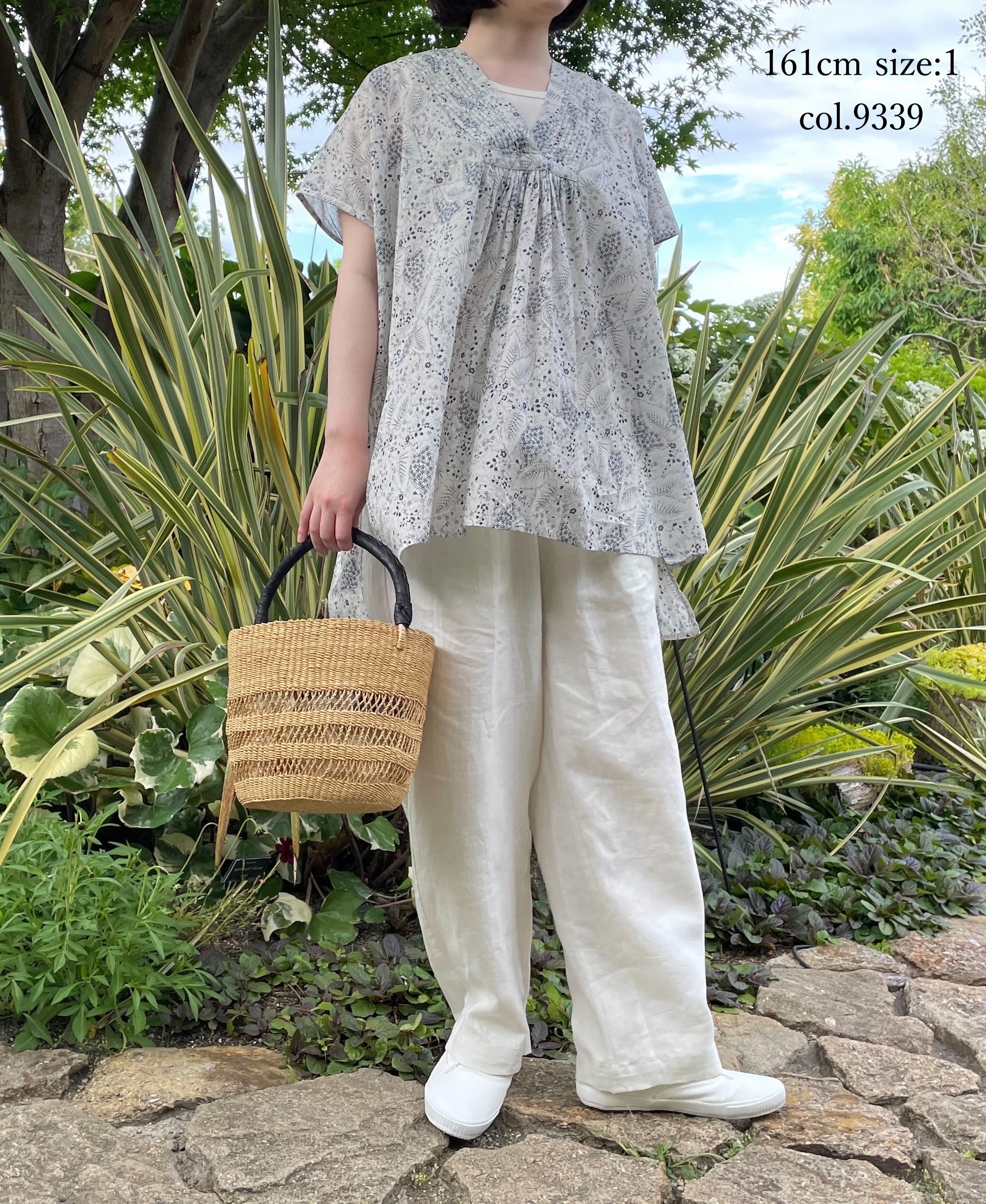 NSL26064 80s VOILE LEAF & FLOWER PRINT V-NECK FRENCH/SL TUNIC