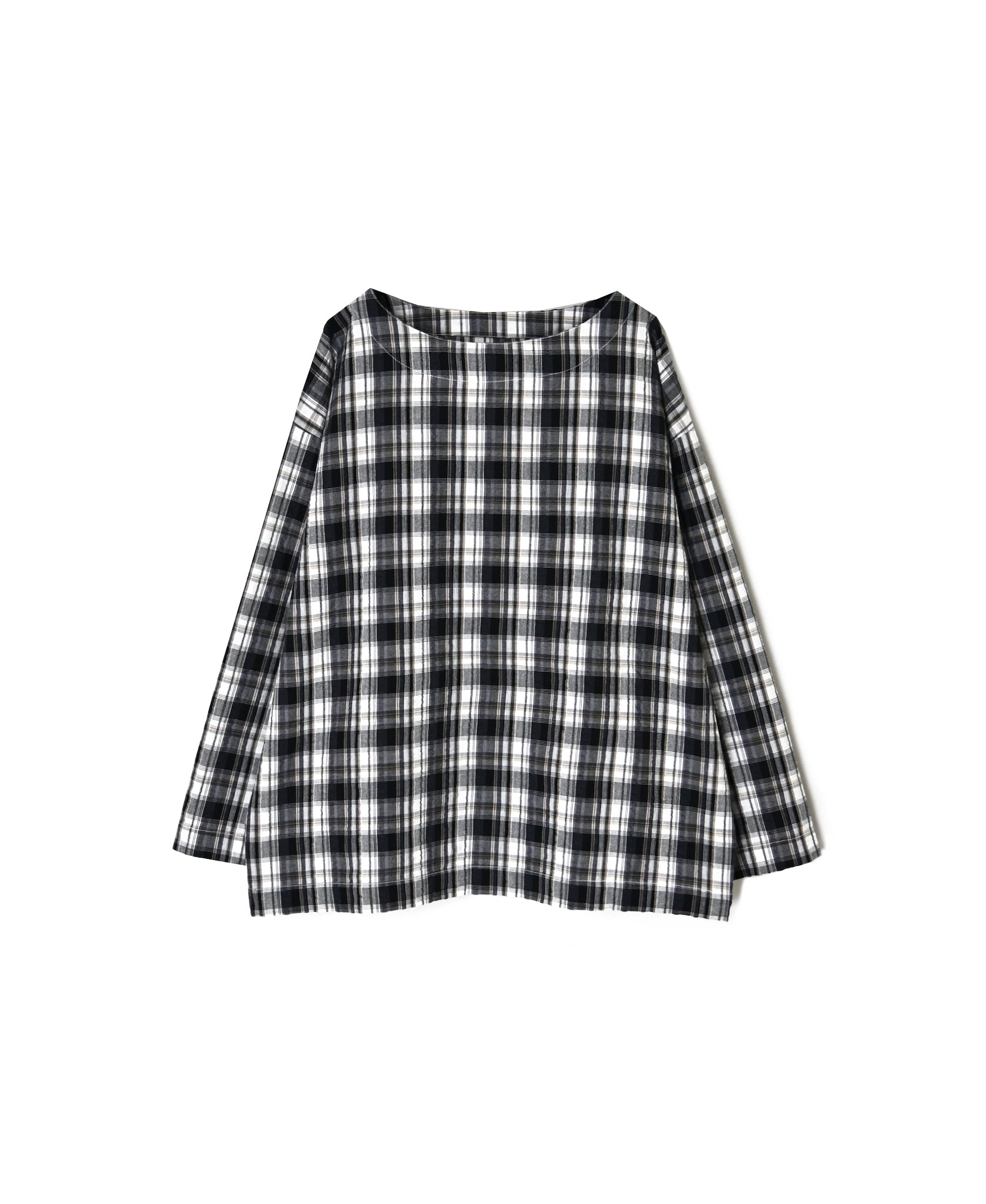 INAM2671 YARN DYED COTTON CHECK BOAT NECK SMOCK