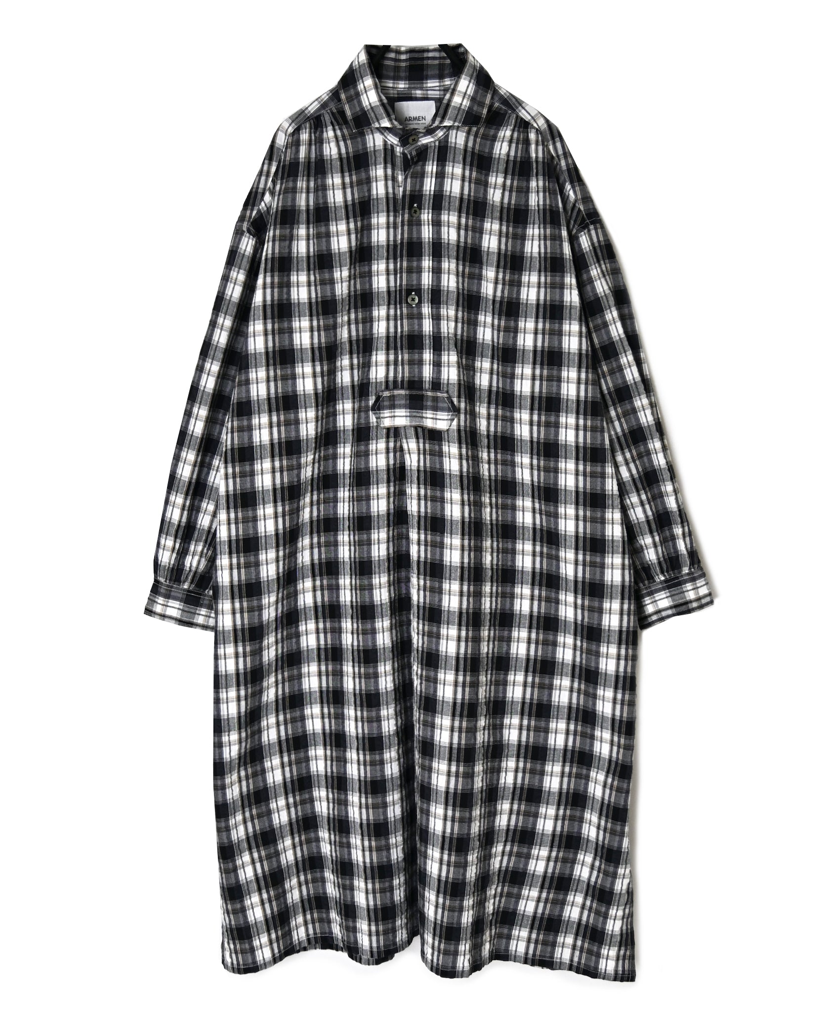 INAM2673 YARN DYED COTTON CHECK WORK GATHER LONG SHIRT