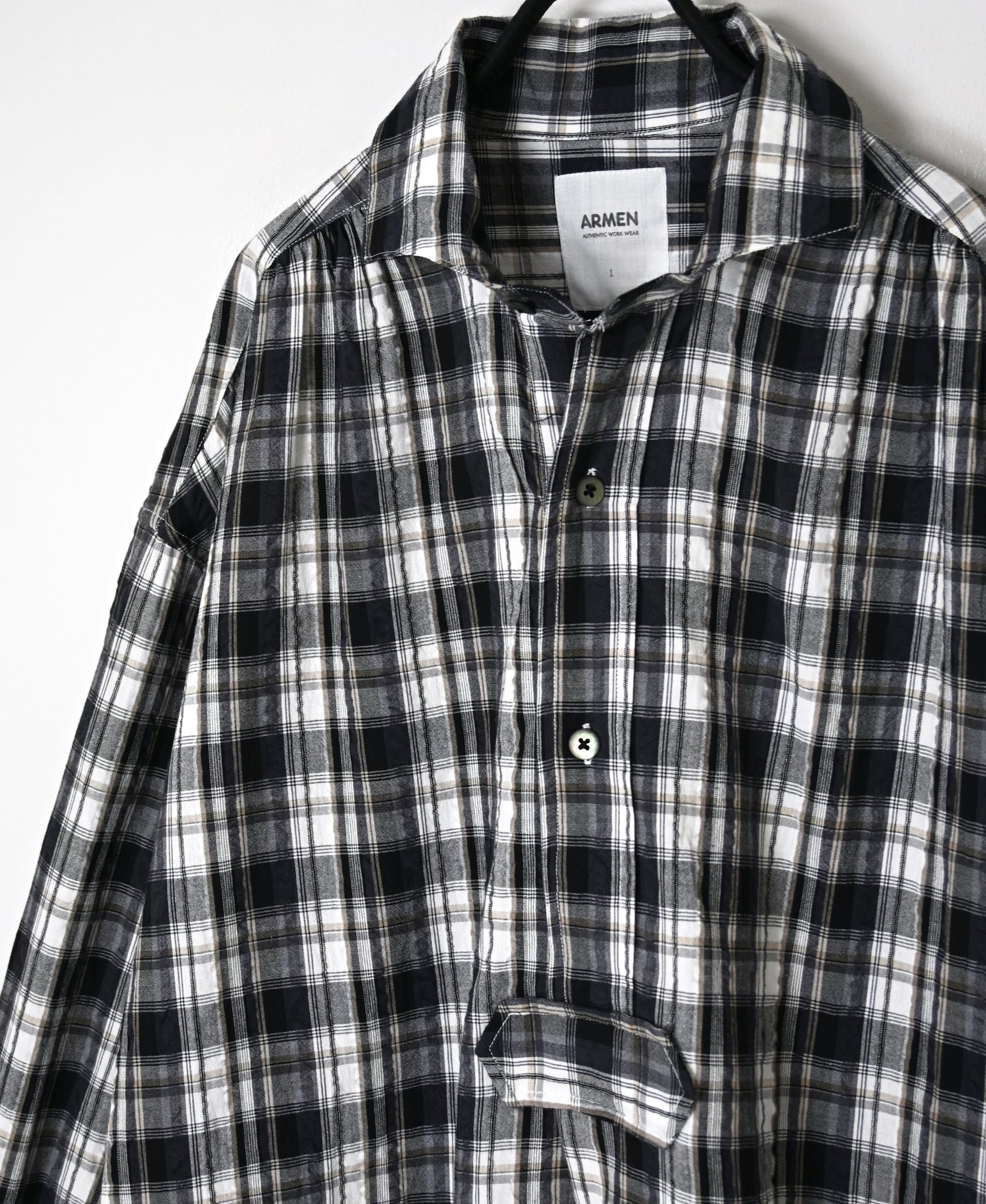 INAM2673 YARN DYED COTTON CHECK WORK GATHER LONG SHIRT