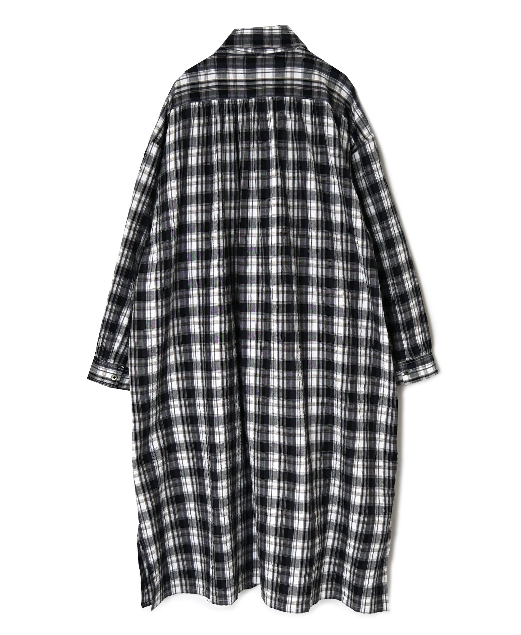 INAM2673 YARN DYED COTTON CHECK WORK GATHER LONG SHIRT