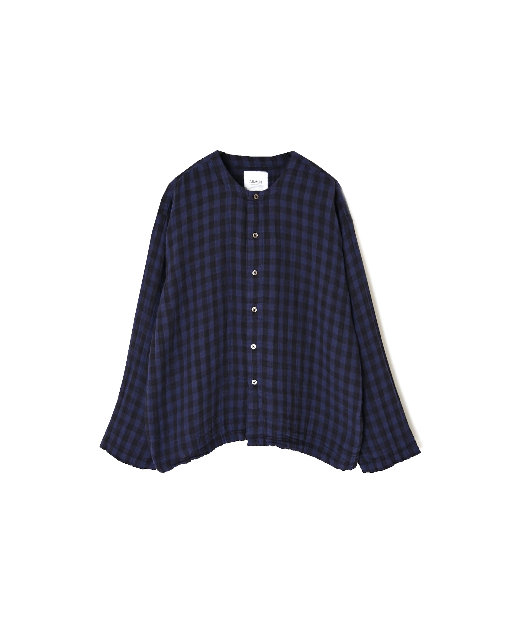 INAM2683DGD COTTON DOUBLE GAUZE CHECK OVERDYE CREW NECK CARDIGAN