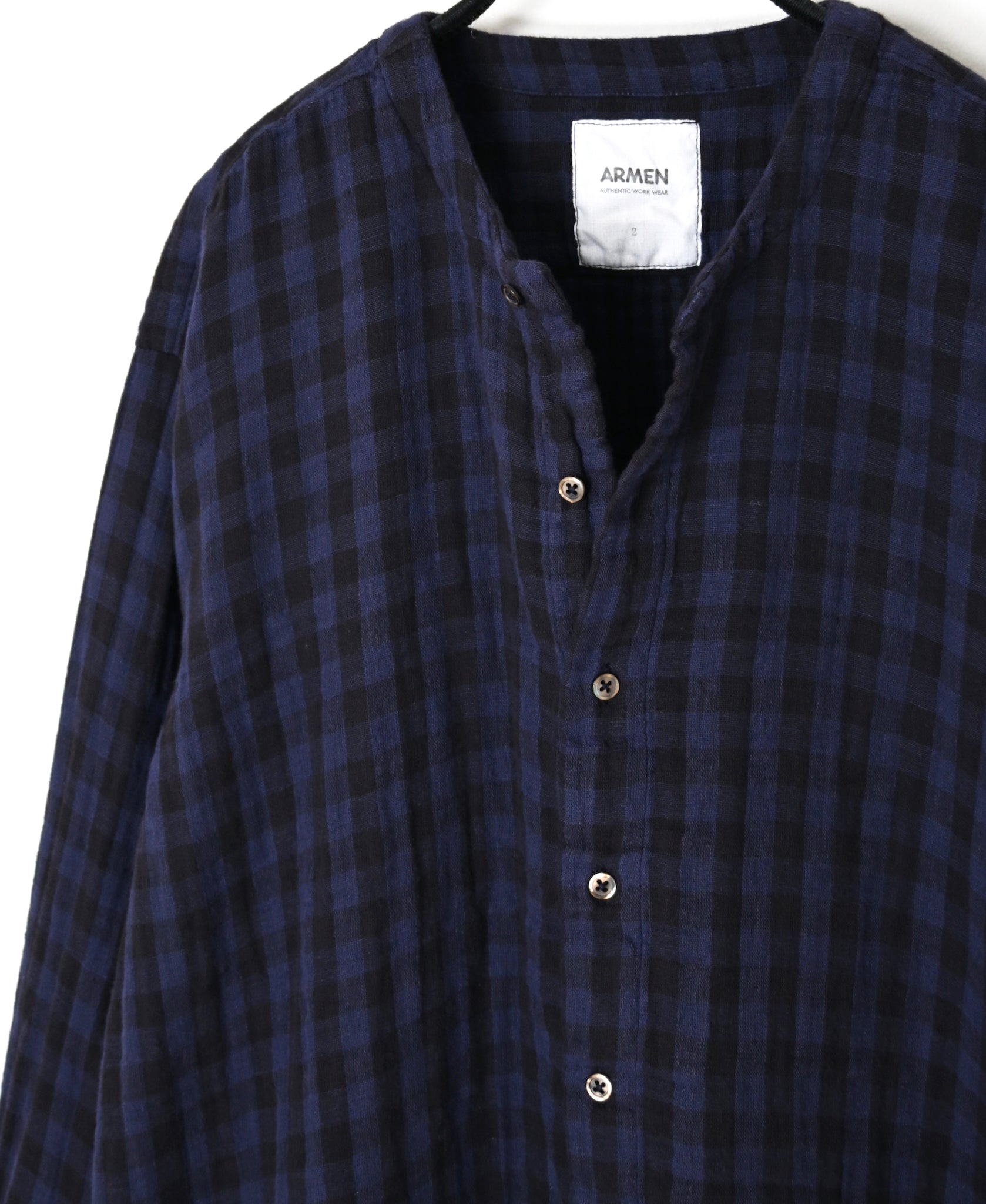 INAM2683DGD COTTON DOUBLE GAUZE CHECK OVERDYE CREW NECK CARDIGAN
