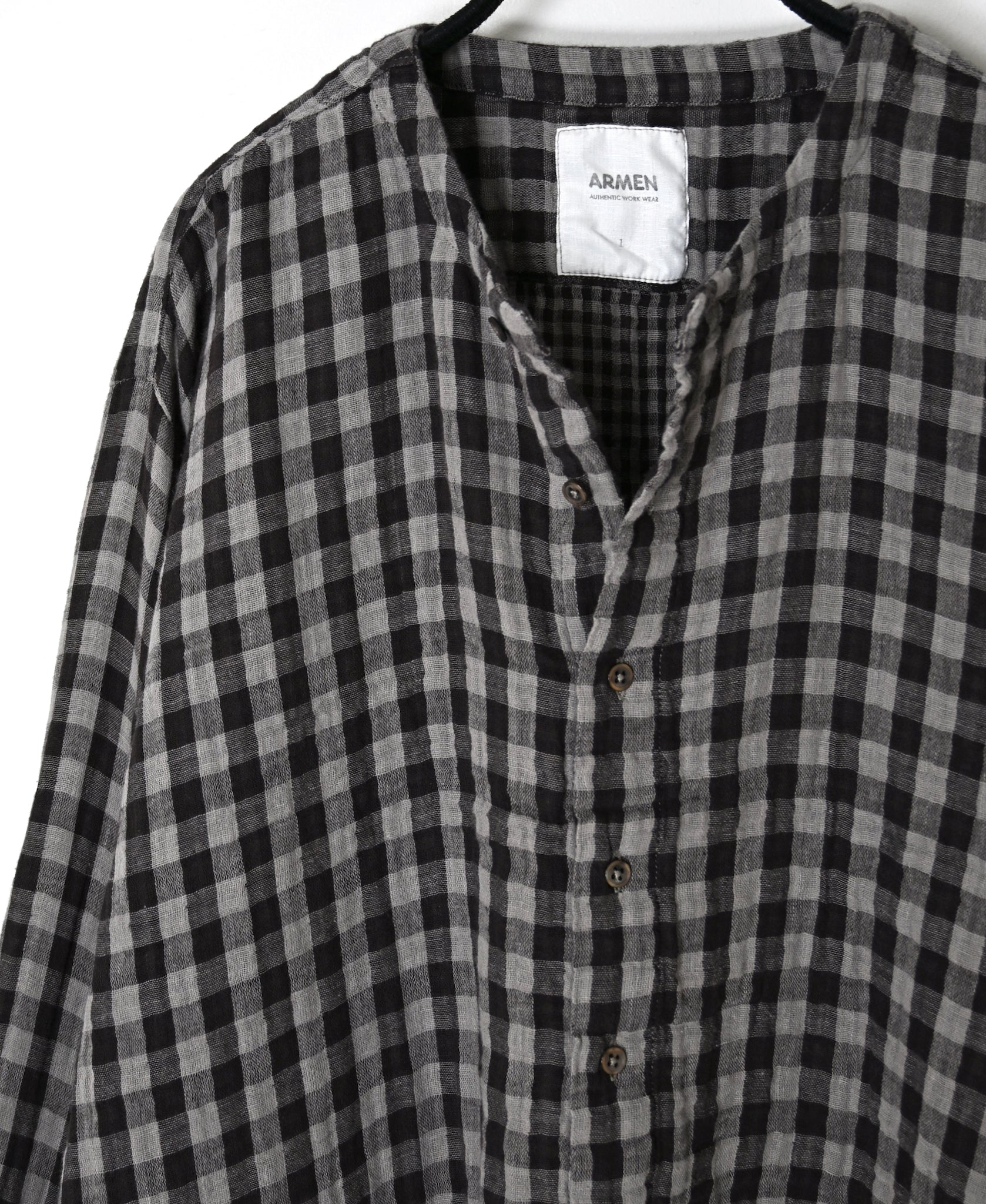 INAM2683DGD COTTON DOUBLE GAUZE CHECK OVERDYE CREW NECK CARDIGAN