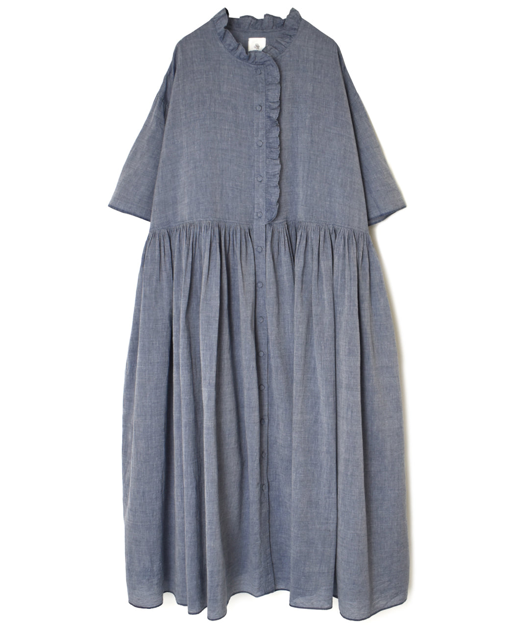 INMDS26042 HANDWOVEN YARN DYE CHAMBRAY FRILL COLLAR SHIRTS DRESS WITH RAJASTHAN GATHER