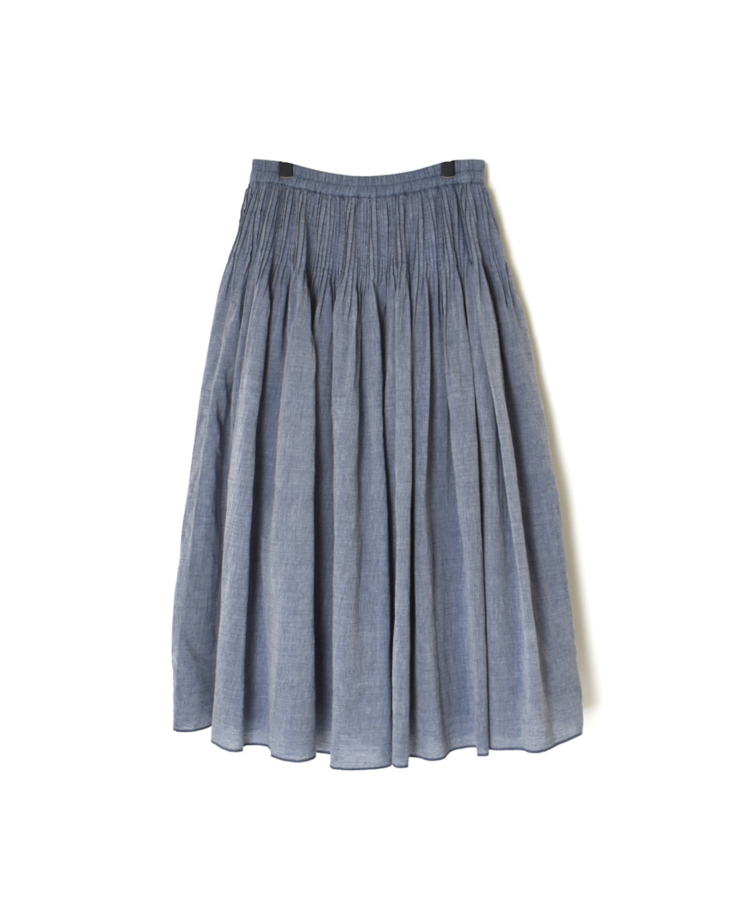 INMDS26043 HANDWOVEN YARN DYE CHAMBRAY PINTUCK FLARED SKIRT