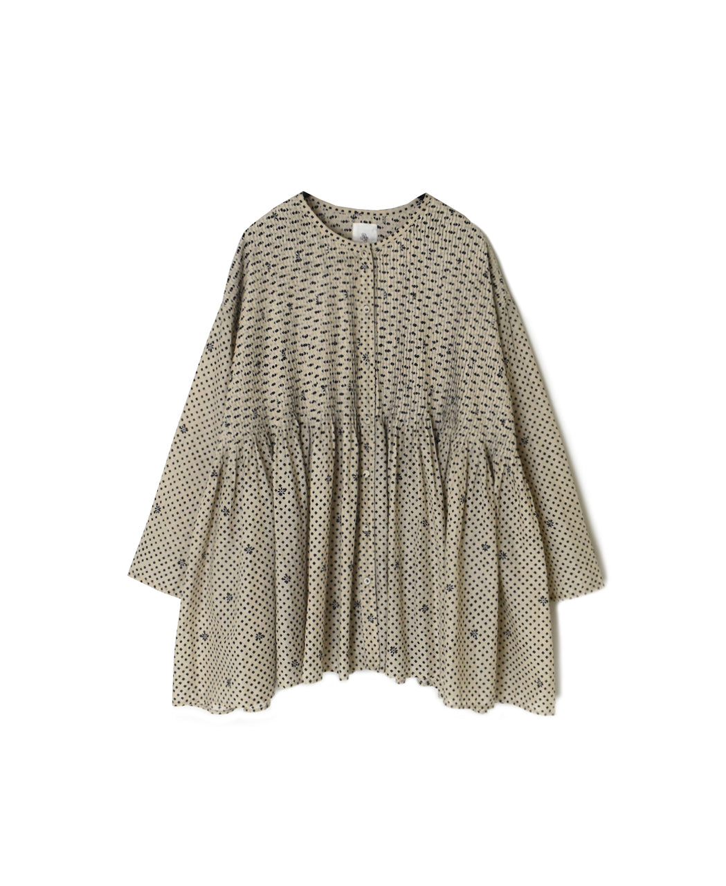 INMDS26083 80s VOILE SQUARE BLOCK PRINT CREW NECK BUTTON SHIRTS WITH MINI PINTUCK