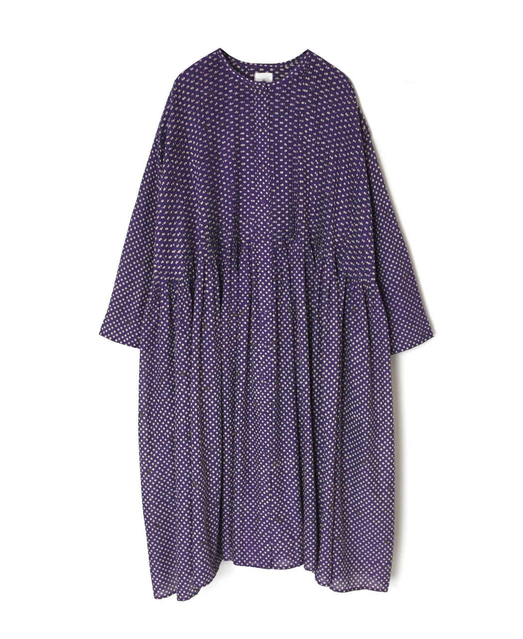 INMDS26084 80s VOILE SQUARE BLOCK PRINT CREW NECK BUTTON SHIRTS DRESS WITH MINI PINTUCK