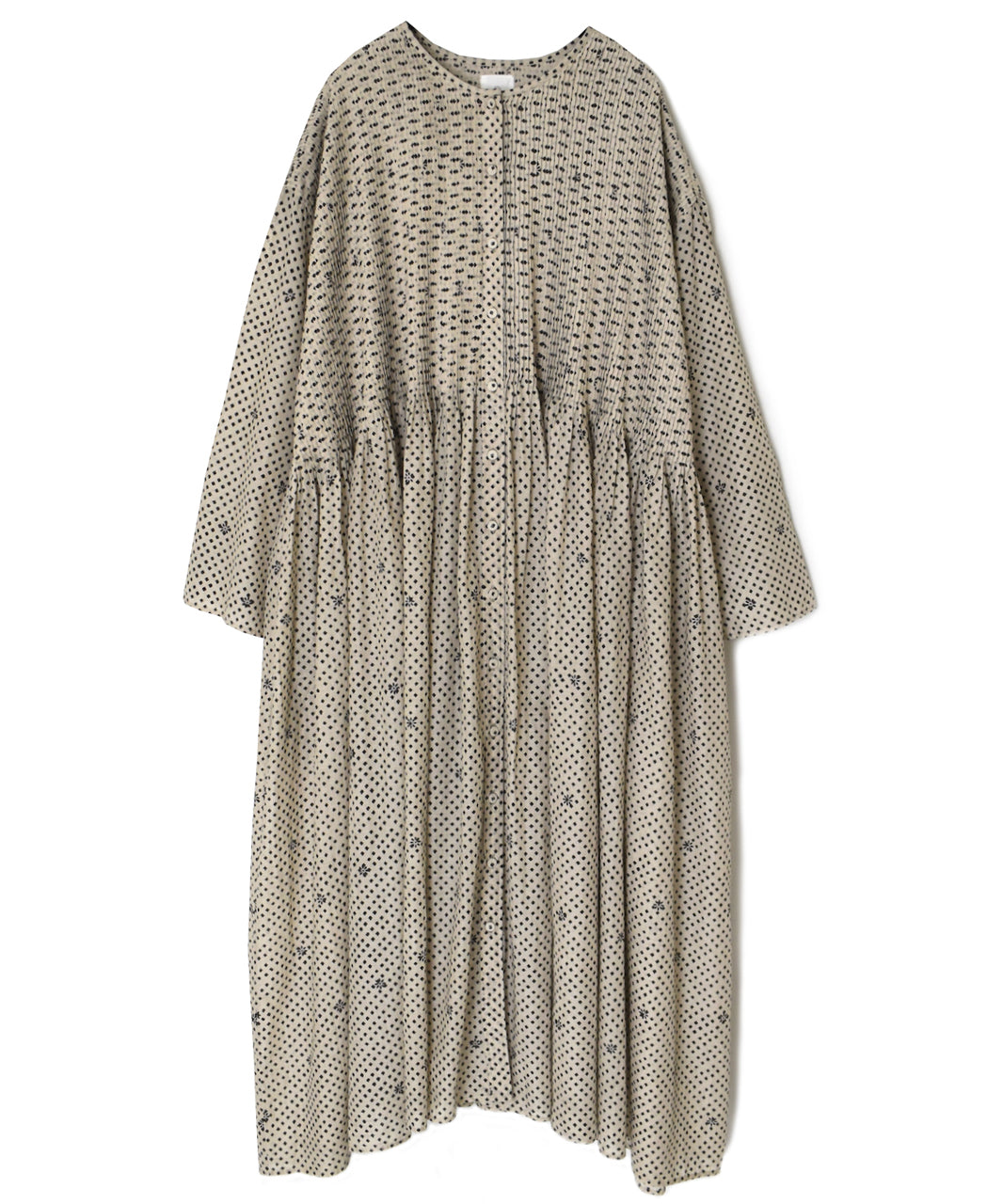 INMDS26084 80s VOILE SQUARE BLOCK PRINT CREW NECK BUTTON SHIRTS DRESS WITH MINI PINTUCK
