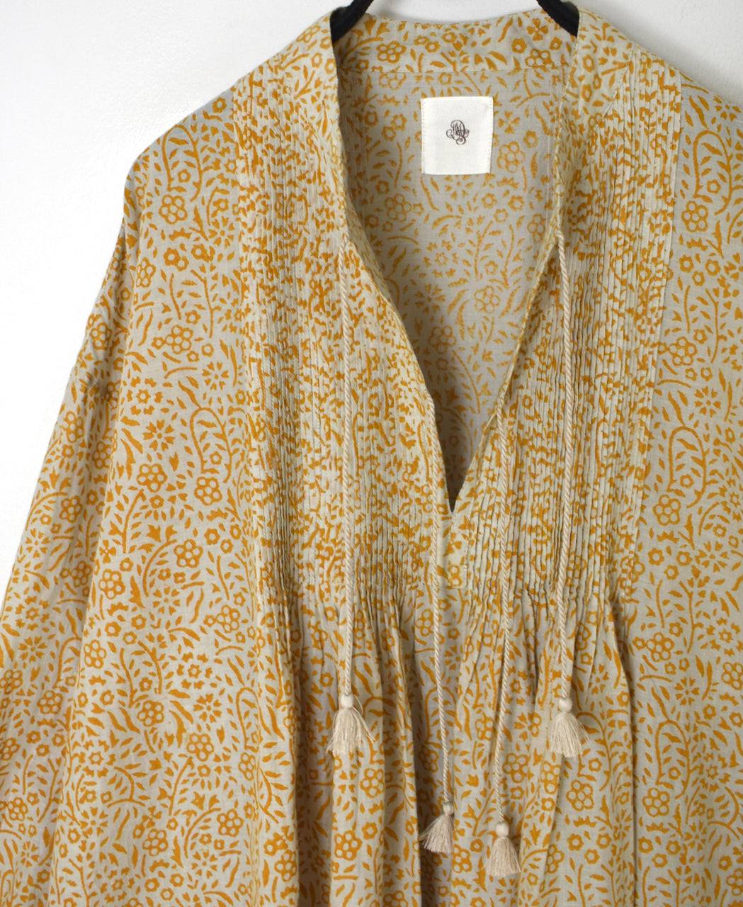 INMDS26102 80s COTTON FLOWER BLOCK PRINT BANDED COLLAR MINI PINTUCK TUNIC