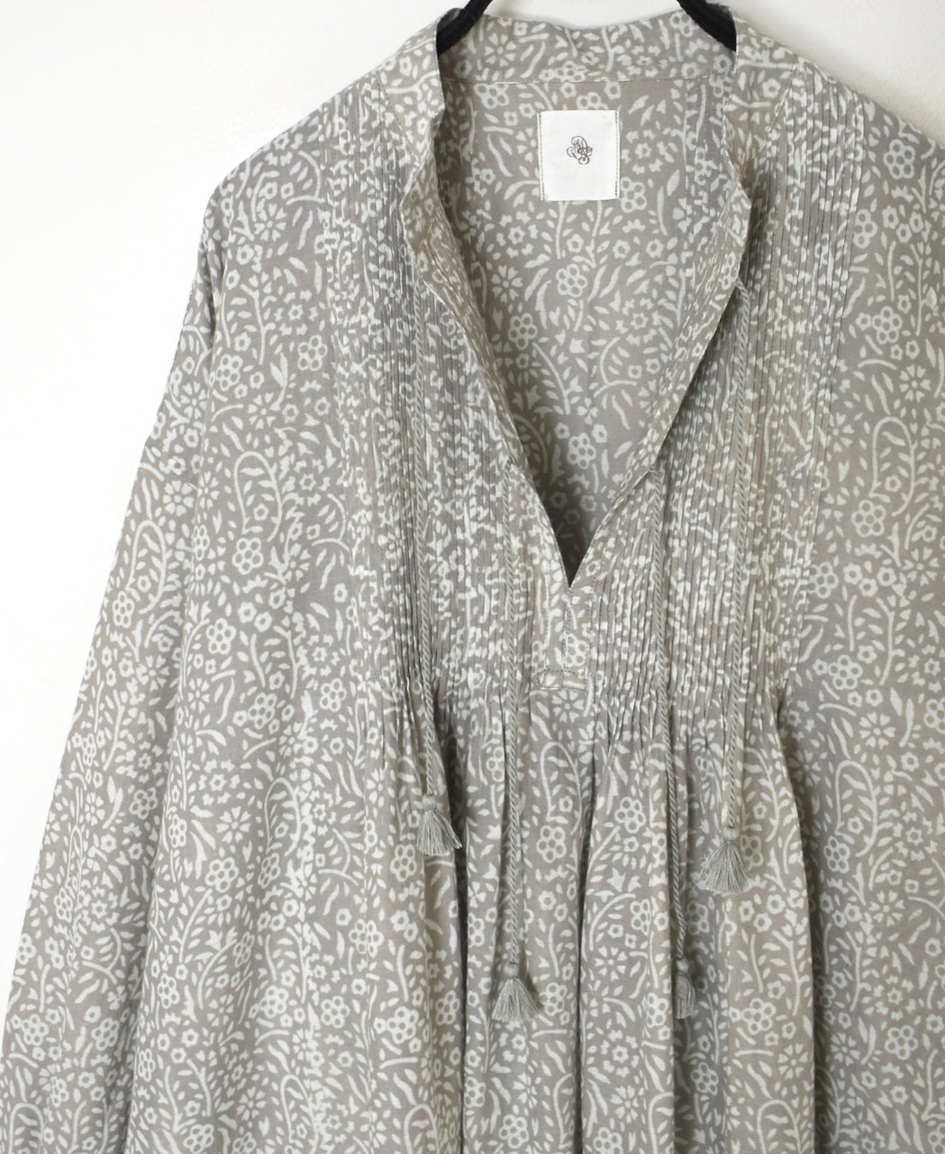 INMDS26102 80s COTTON FLOWER BLOCK PRINT BANDED COLLAR MINI PINTUCK TUNIC