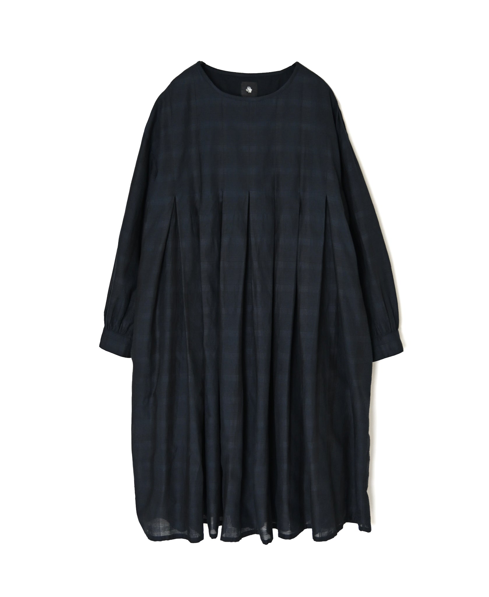 INMDS26714 COTTON/SILK SELF FINE CHECK INVERTED PLEATED L/SL DRESS WITH LINING