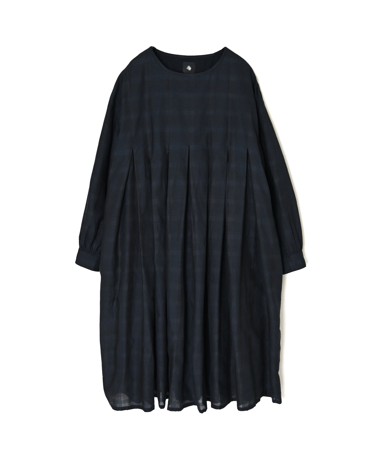 INMDS26714 COTTON/SILK SELF FINE CHECK INVERTED PLEATED L/SL DRESS WITH LINING