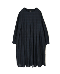 INMDS26714 COTTON/SILK SELF FINE CHECK INVERTED PLEATED L/SL DRESS WITH LINING