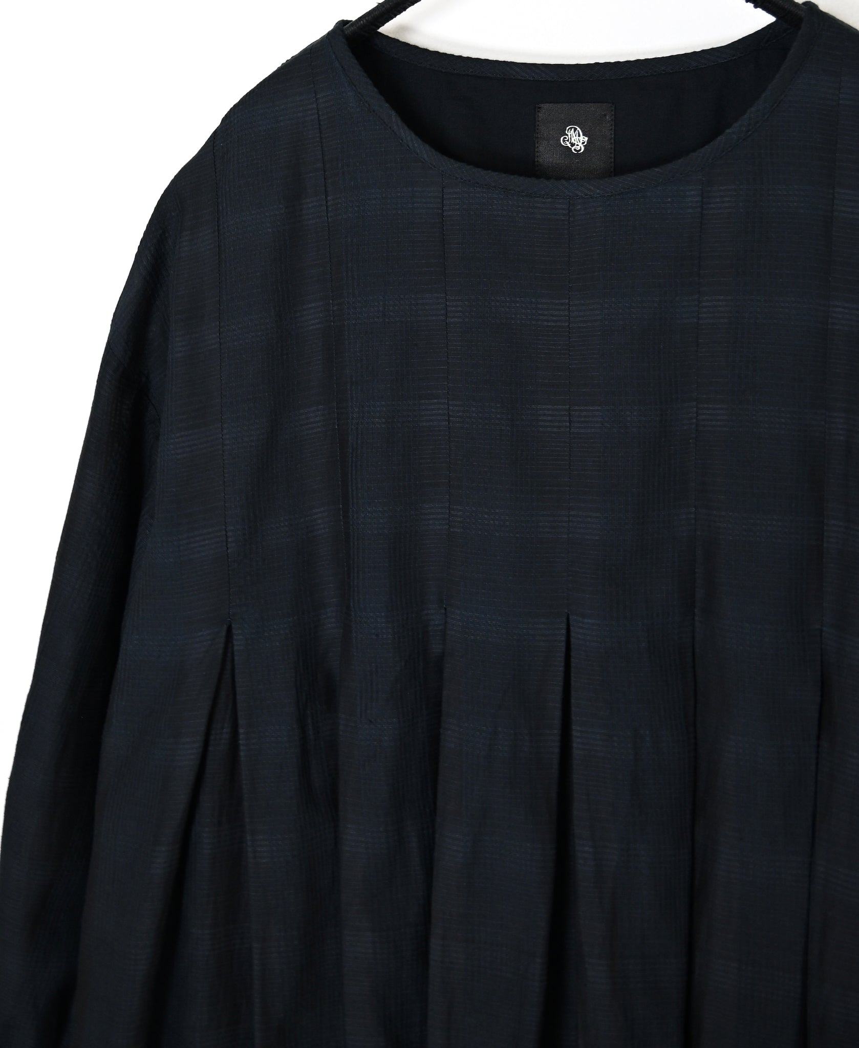 INMDS26714 COTTON/SILK SELF FINE CHECK INVERTED PLEATED L/SL DRESS WITH LINING