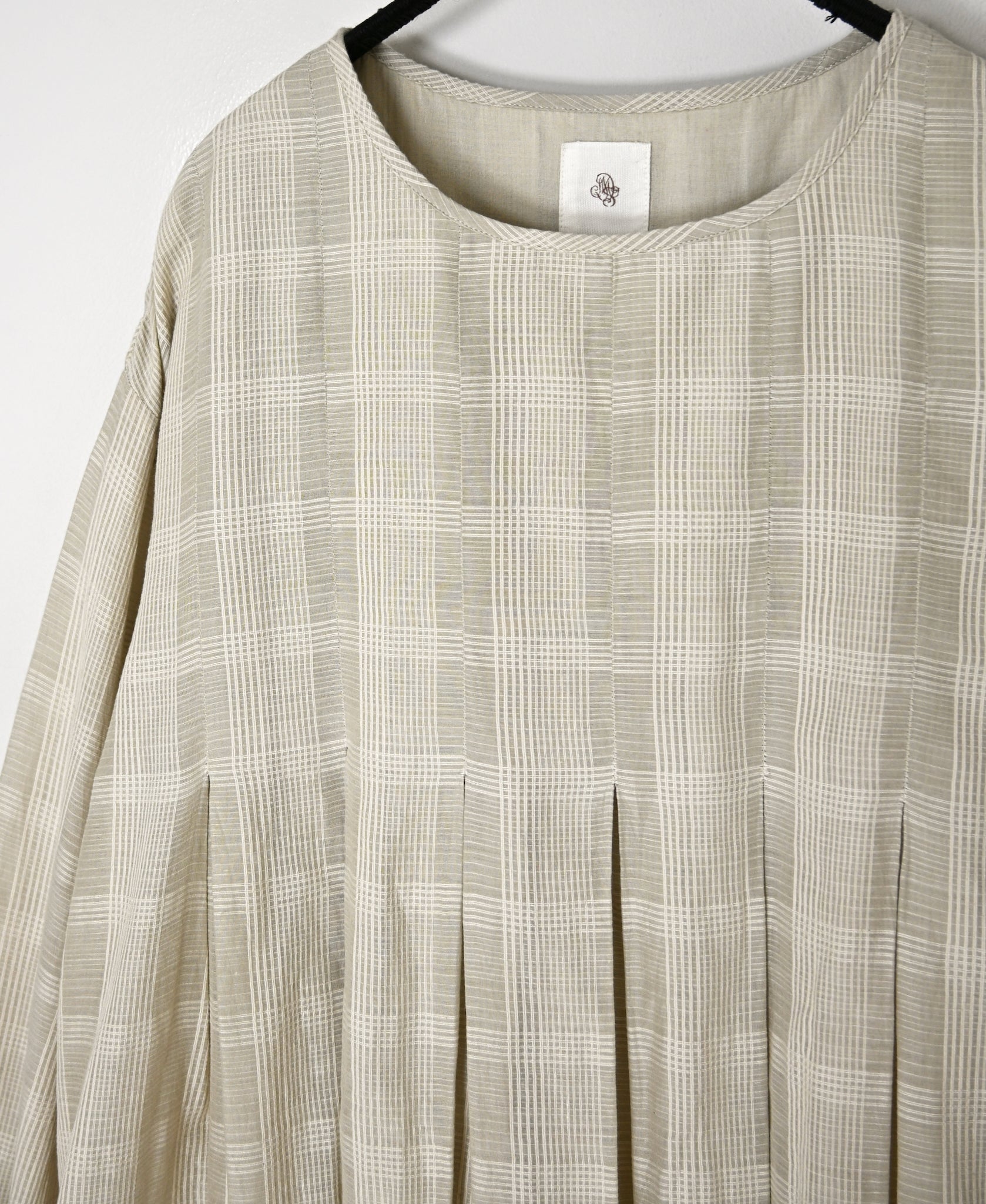INMDS26714 COTTON/SILK SELF FINE CHECK INVERTED PLEATED L/SL DRESS WITH LINING