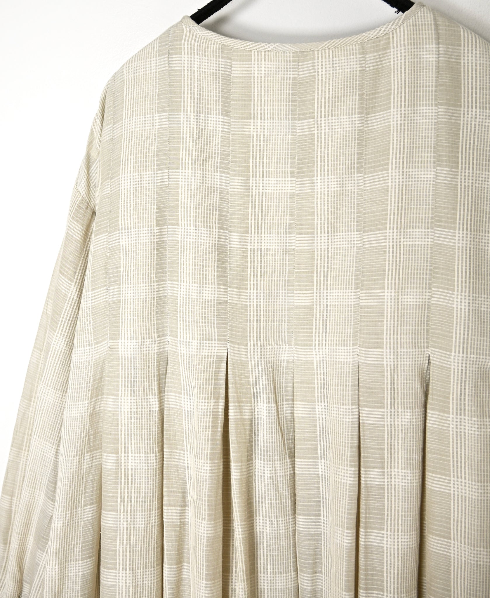 INMDS26714 COTTON/SILK SELF FINE CHECK INVERTED PLEATED L/SL DRESS WITH LINING
