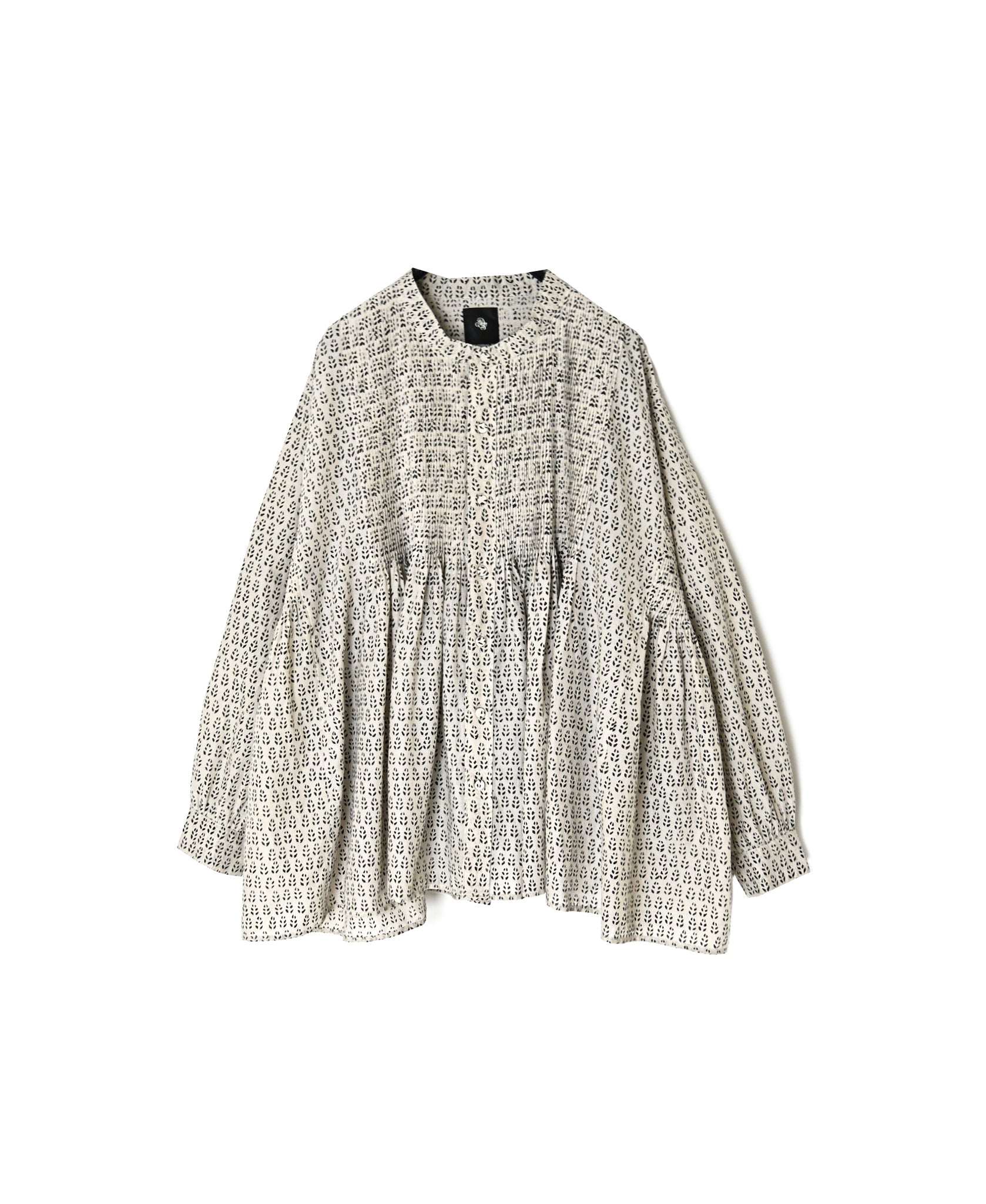 INMDS26722 80s VOILE LITTLE TREE BLOCK PRINT MINI PINTUCK BANDED COLLAR SHIRTS