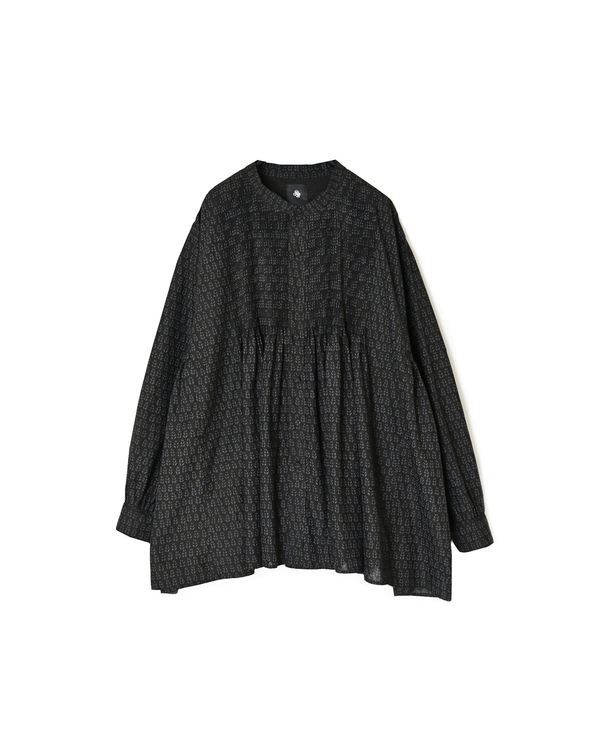 INMDS26722 80s VOILE LITTLE TREE BLOCK PRINT MINI PINTUCK BANDED COLLAR SHIRTS