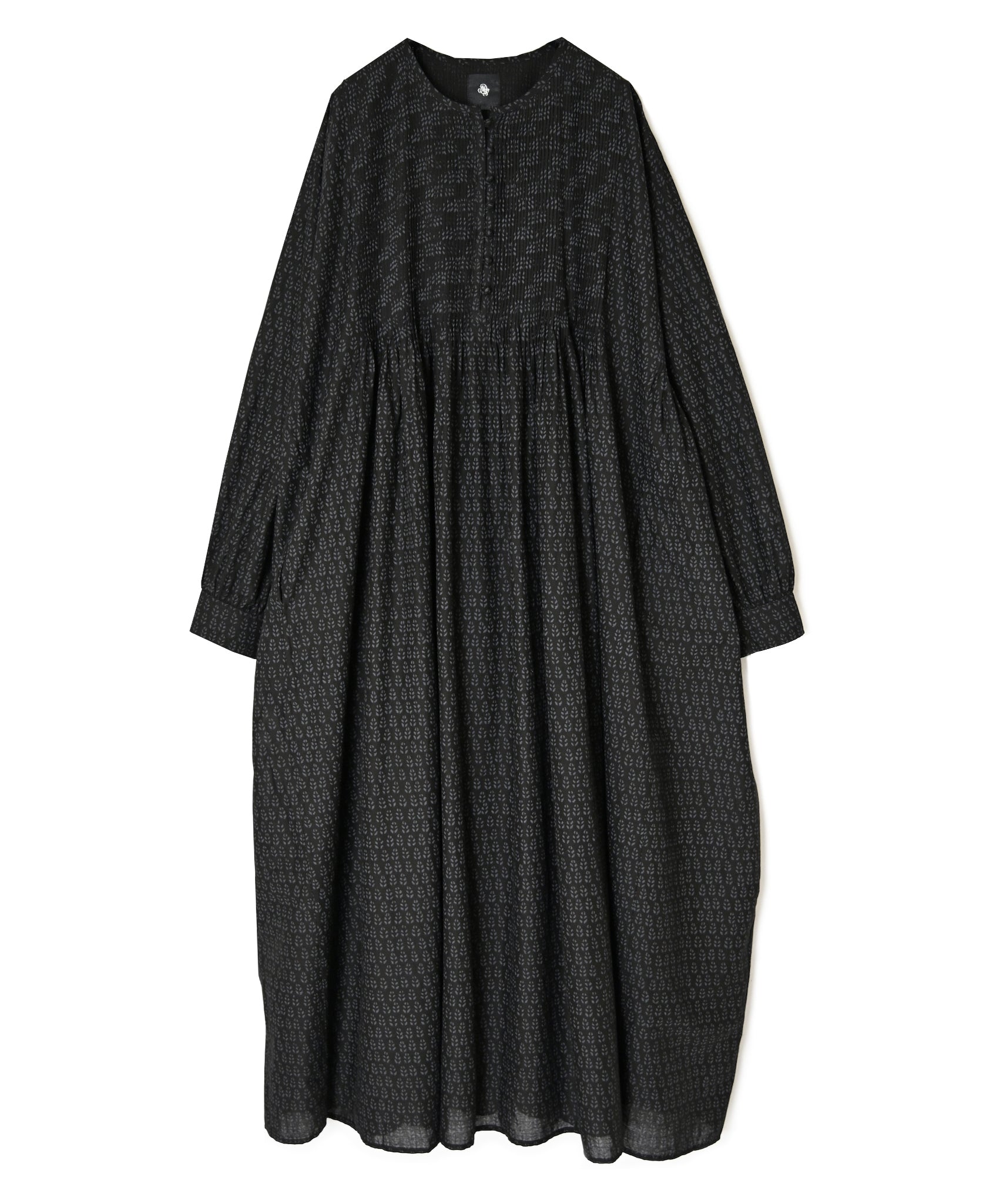 INMDS26723 80s VOILE LITTLE TREE BLOCK PRINT CREW-NECK DRESS WITH MINI PINTUCK