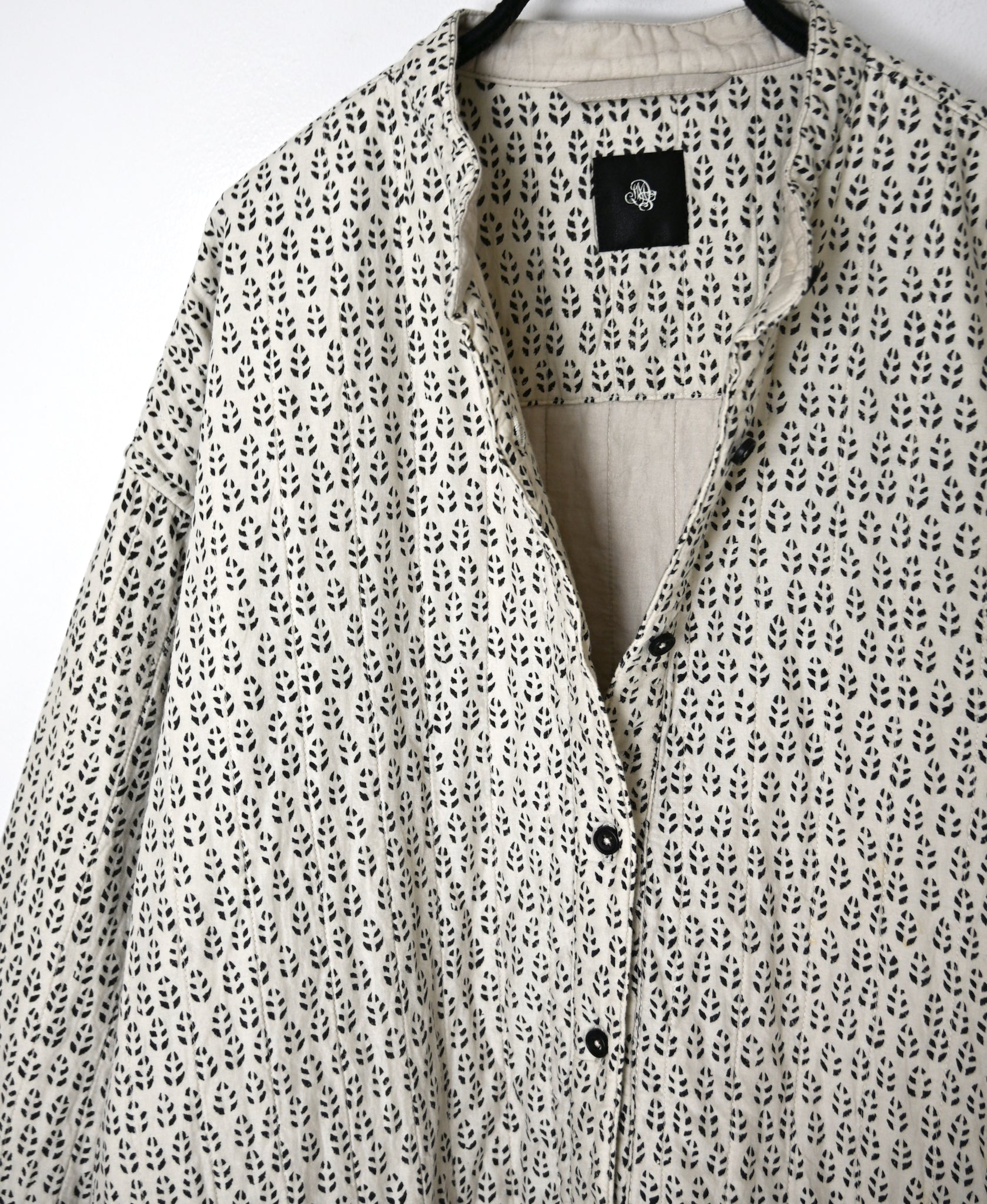 INMDS26724 80s VOILE LITTLE TREE BLOCK PRINT VERTICAL STITCHED BANDED COLLAR SHIRTS