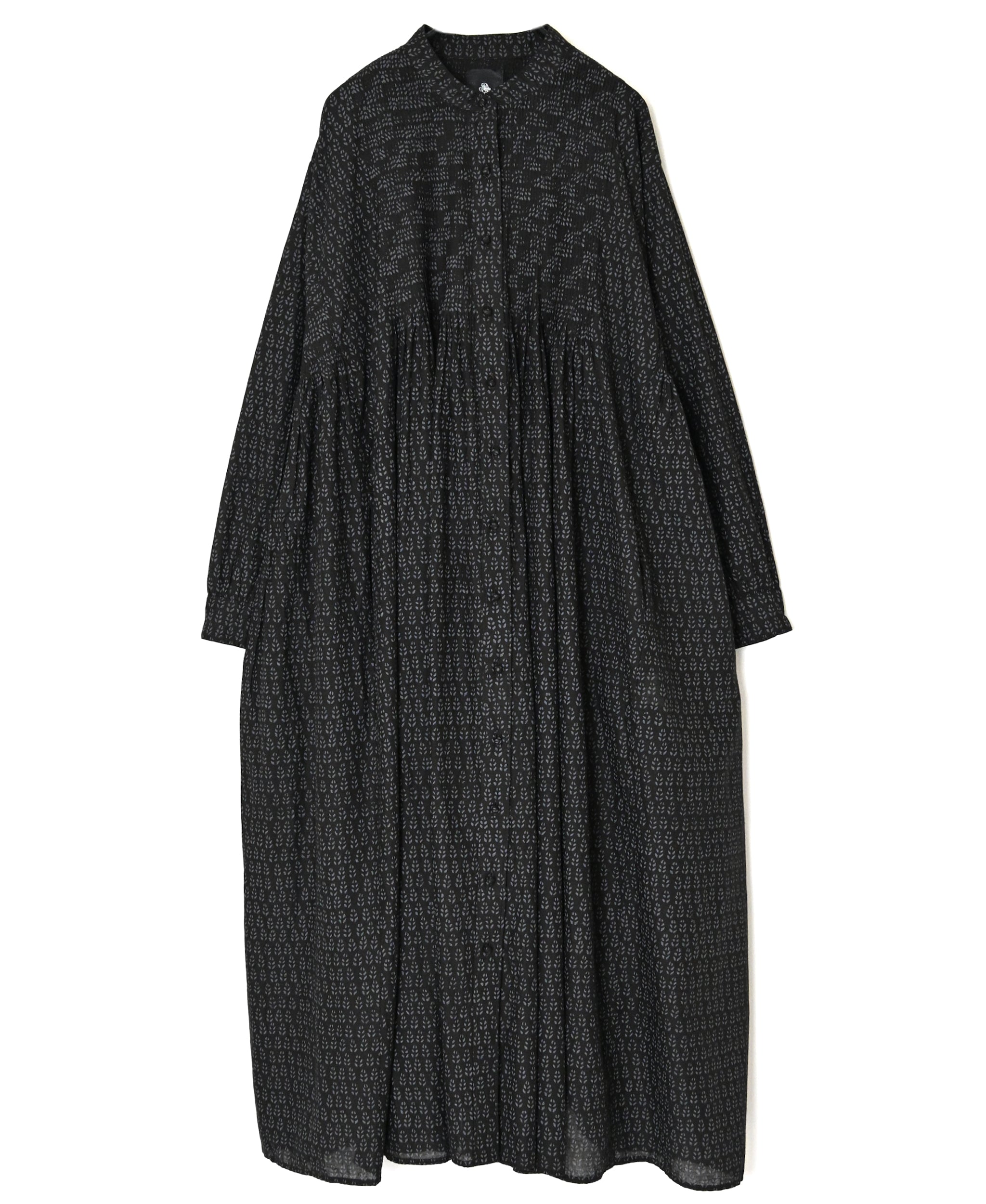 INMDS26727 80s VOILE LITTLE TREE BLOCK PRINT MINI PINTUCK BANDED COLLAR SHIRTS DRESS