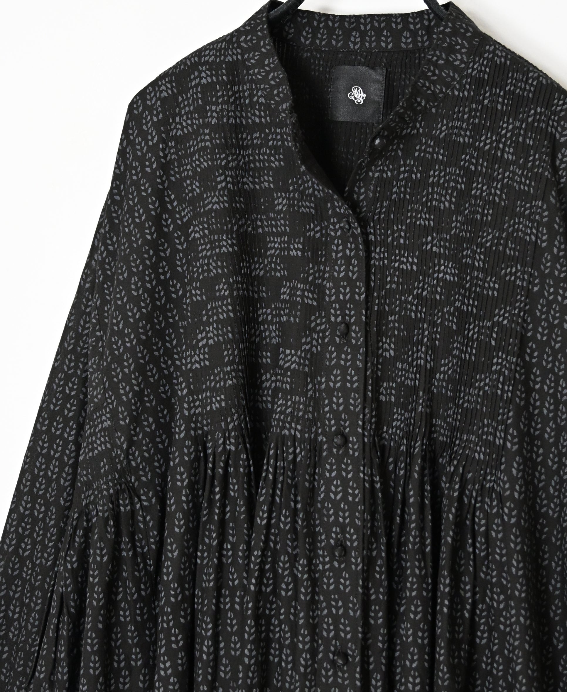 INMDS26727 80s VOILE LITTLE TREE BLOCK PRINT MINI PINTUCK BANDED COLLAR SHIRTS DRESS