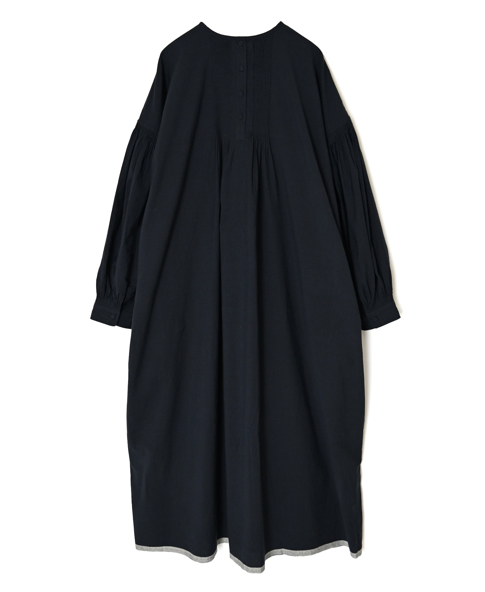 INMDS26733 HANDWOVEN HEAVY COTTON PLAIN WITH SELVAGE BACK OPENING CREW-NECK DRESS WITH MINI PINTUCK