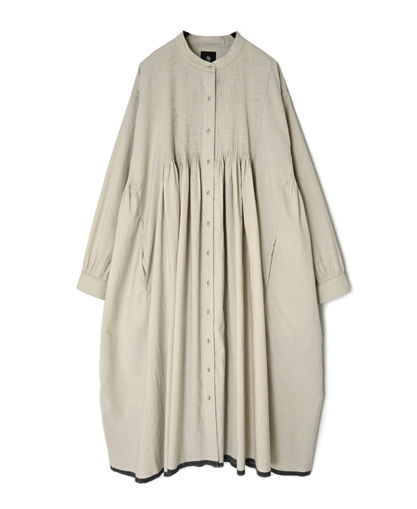 INMDS26734 HANDWOVEN HEAVY COTTON PLAIN WITH SELVAGE BANDED COLLAR SHIRTS DRESS WITH MINI PINTUCK
