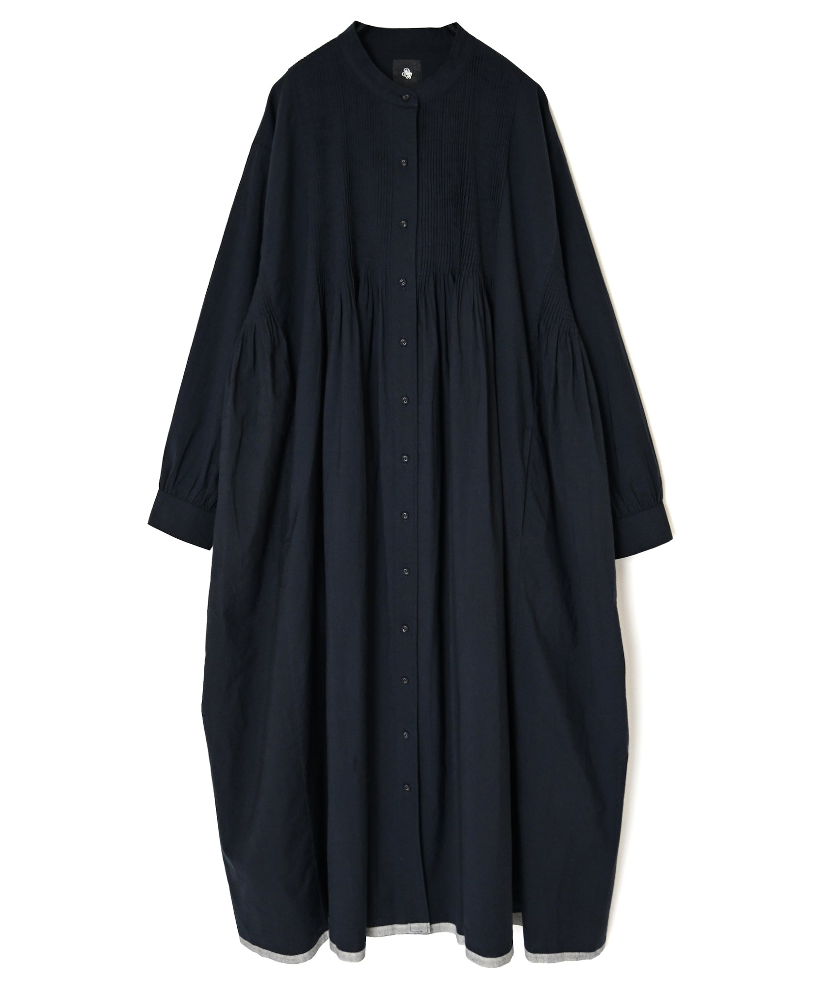 INMDS26734 HANDWOVEN HEAVY COTTON PLAIN WITH SELVAGE BANDED COLLAR SHIRTS DRESS WITH MINI PINTUCK