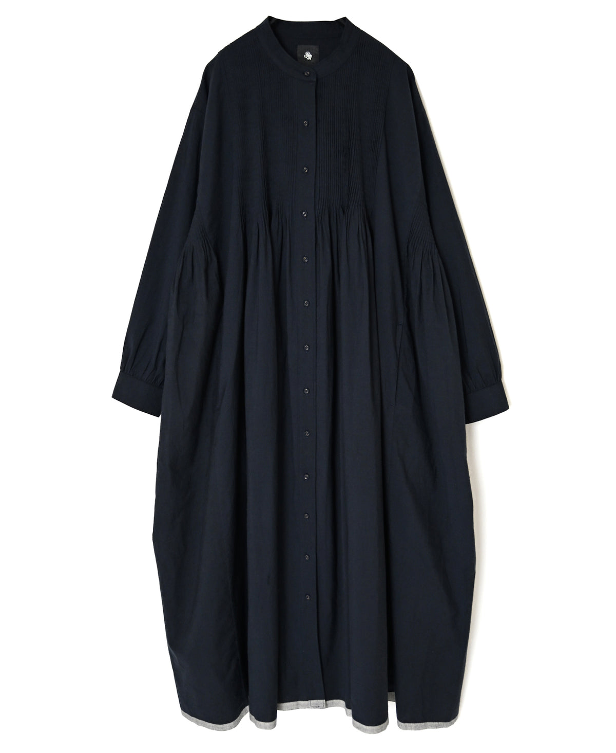INMDS26734 HANDWOVEN HEAVY COTTON PLAIN WITH SELVAGE BANDED COLLAR SHIRTS DRESS WITH MINI PINTUCK