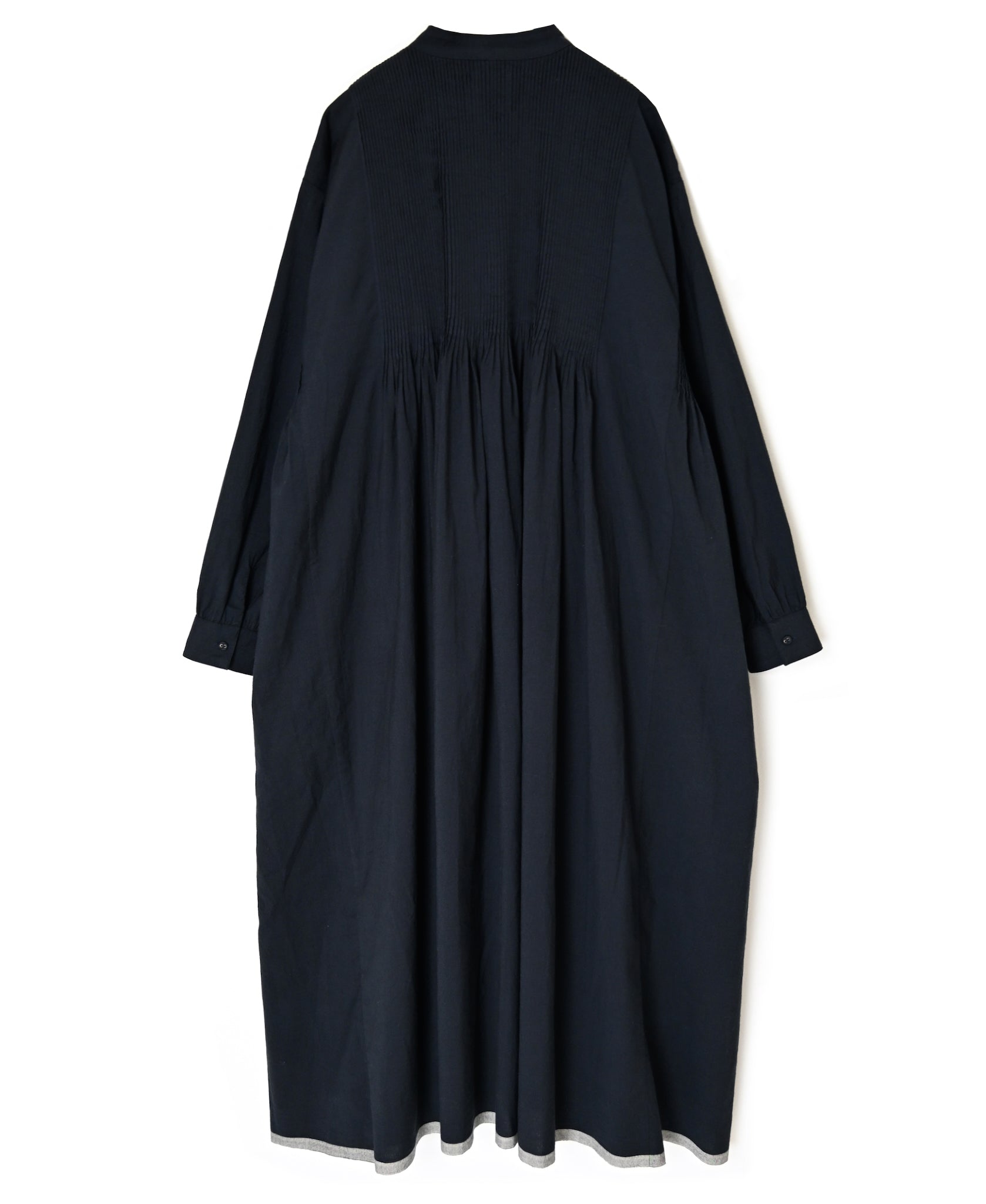 INMDS26734 HANDWOVEN HEAVY COTTON PLAIN WITH SELVAGE BANDED COLLAR SHIRTS DRESS WITH MINI PINTUCK