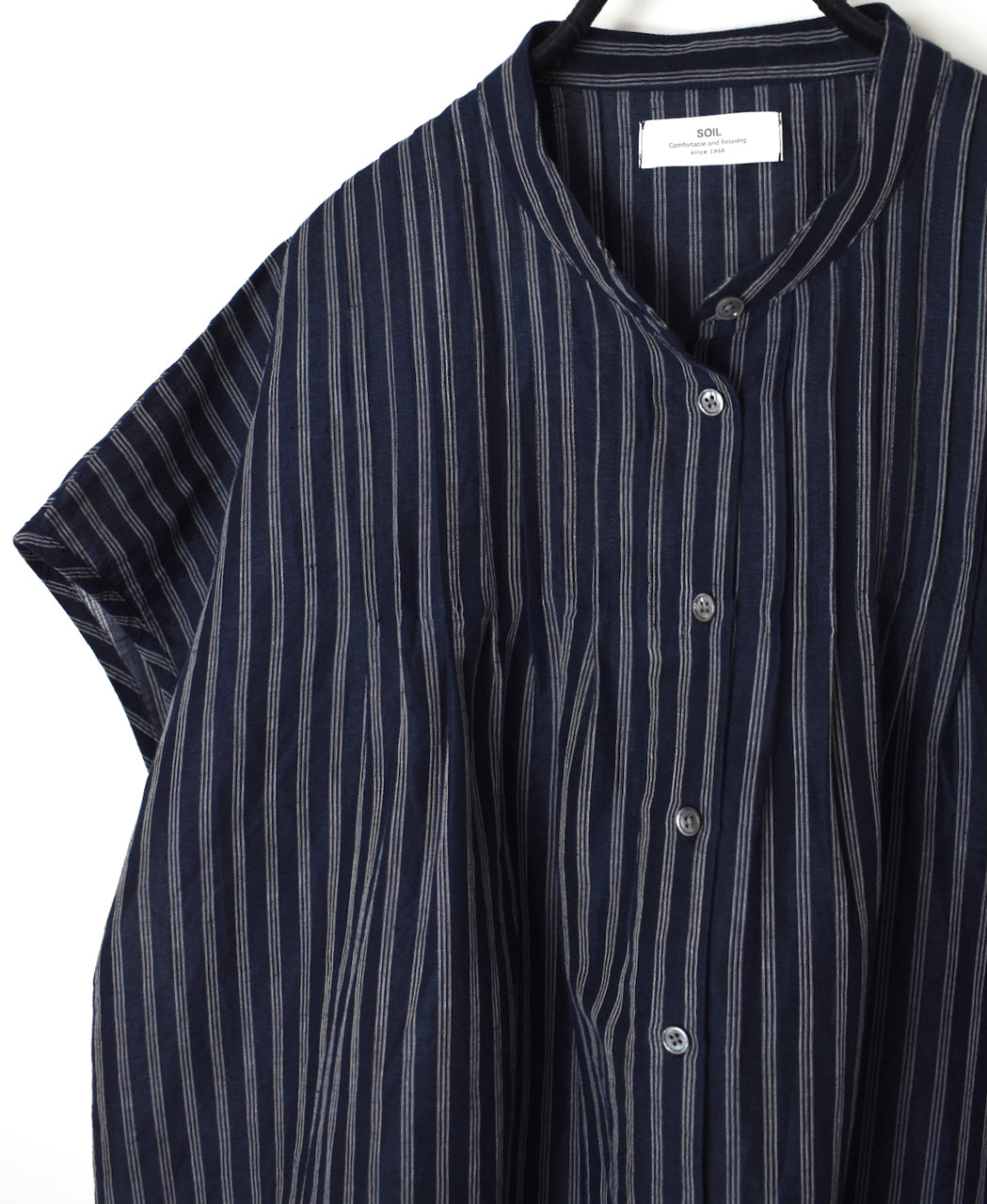 INSL26331 60s AUTO LOOM COTTON/LINEN STRIPE BANDED COLLAR FRENCH/SL PINTUCK SHIRTS