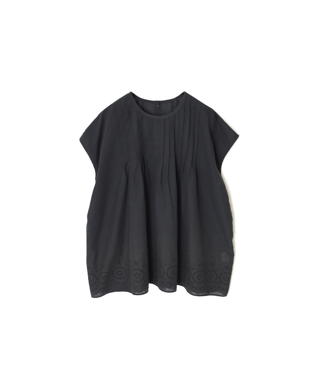 INSL26342 80s VOILE PLAIN WITH CUT WORK LACE CREW NECK FRENCH/SL SHIRTS WITH PINTUCK