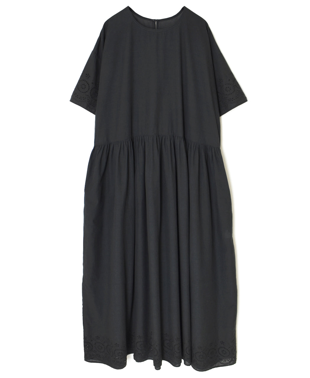 INSL26343 80s VOILE PLAIN WITH CUT WORK LACE CREW NECK PULLOVER DRESS