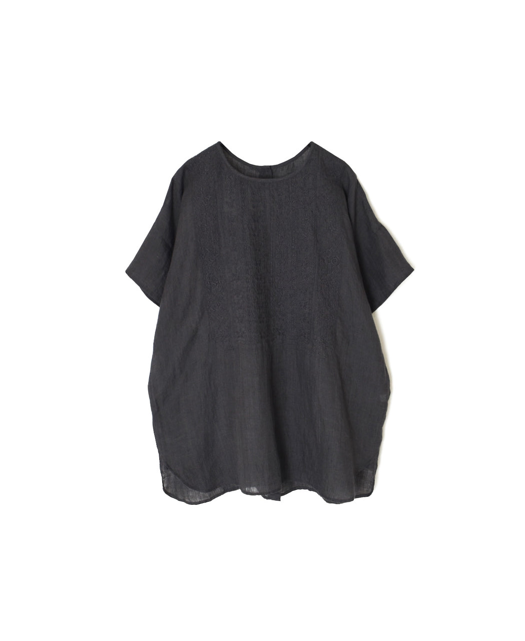 NMDS25242 80s POWER LOOM LINEN PLAIN BACK OPENING CREW-NECK S/SL EMB SHIRT