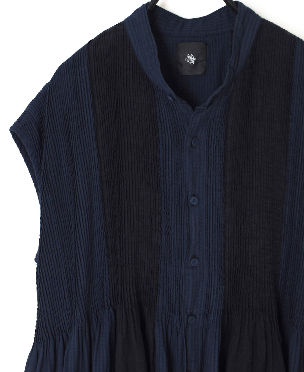 NMDS26264D ORGANIC COTTON/LINEN PATCHWORK OVERDYE BANDED F/SLEEVE SHIRT DRESS WITH MINI PINTUCK