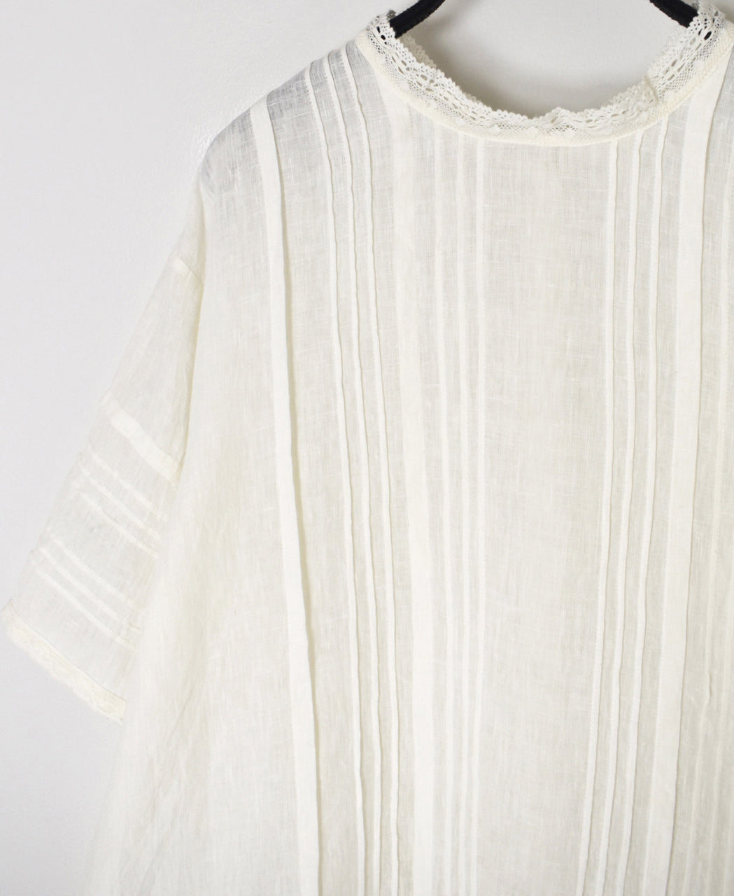 NMDS26271 80s POWER LOOM LINEN PLAIN LACE PINTUCK HALF/SLEEVE 2WAY SHIRT