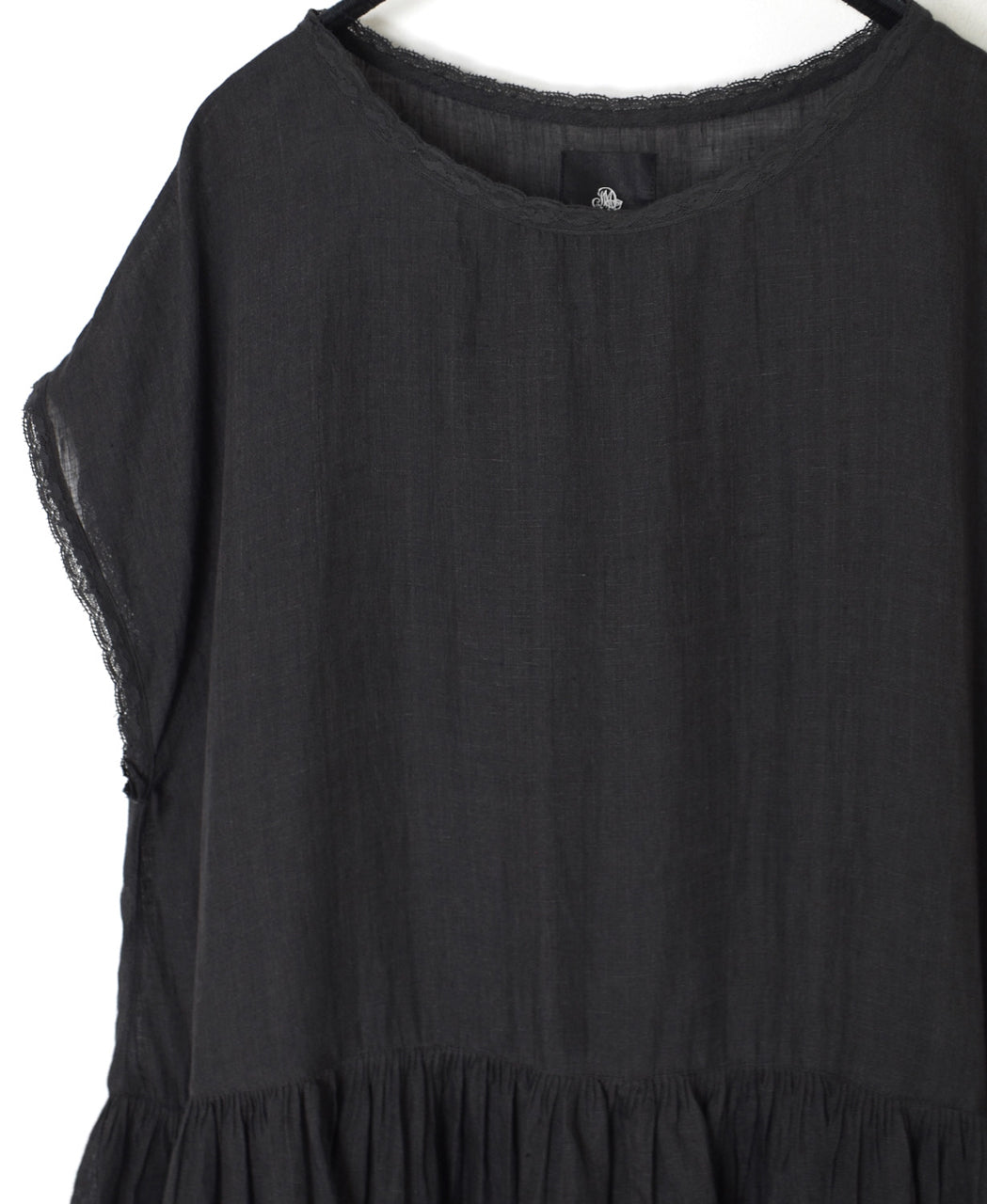 NMDS26272 80s POWER LOOM LINEN PLAIN BOAT-NECK LACE PULLOVER DRESS