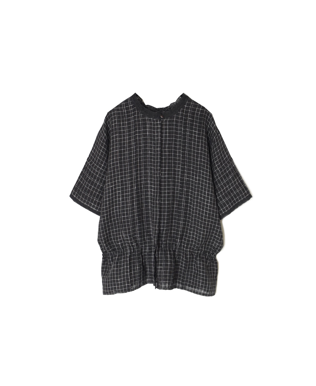 NMDS26281 80s POWER LOOM LINEN CHECK LACE PINTUCK HALF/SLEEVE 2WAY SHIRT