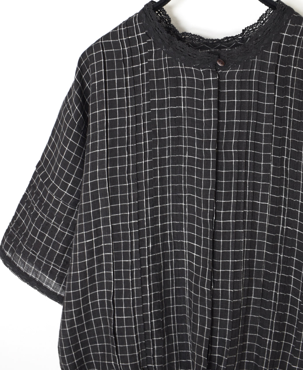 NMDS26281 80s POWER LOOM LINEN CHECK LACE PINTUCK HALF/SLEEVE 2WAY SHIRT