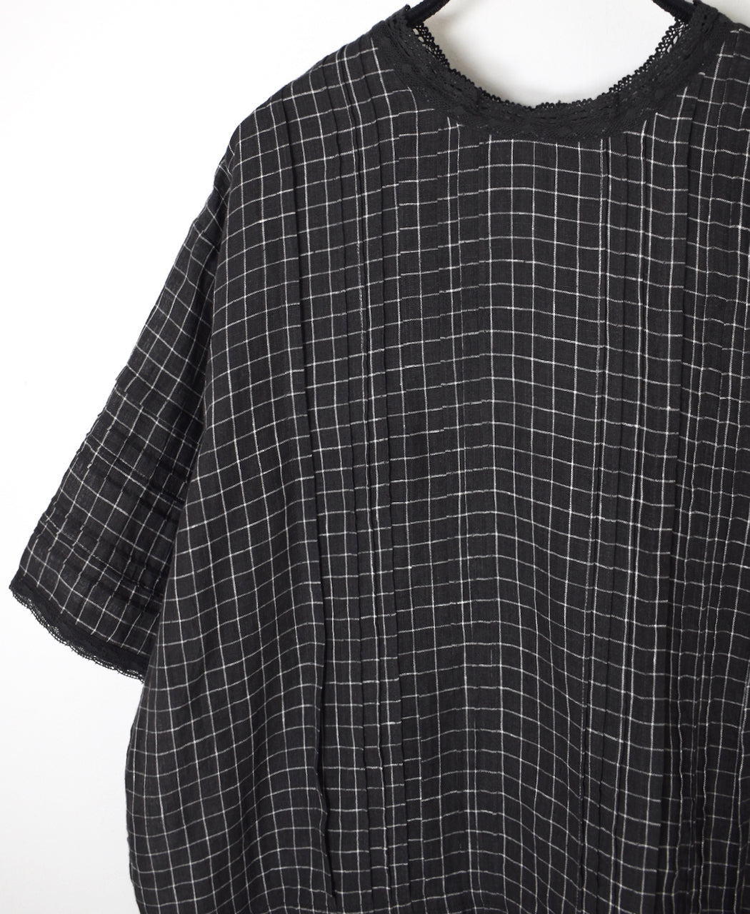 NMDS26281 80s POWER LOOM LINEN CHECK LACE PINTUCK HALF/SLEEVE 2WAY SHIRT