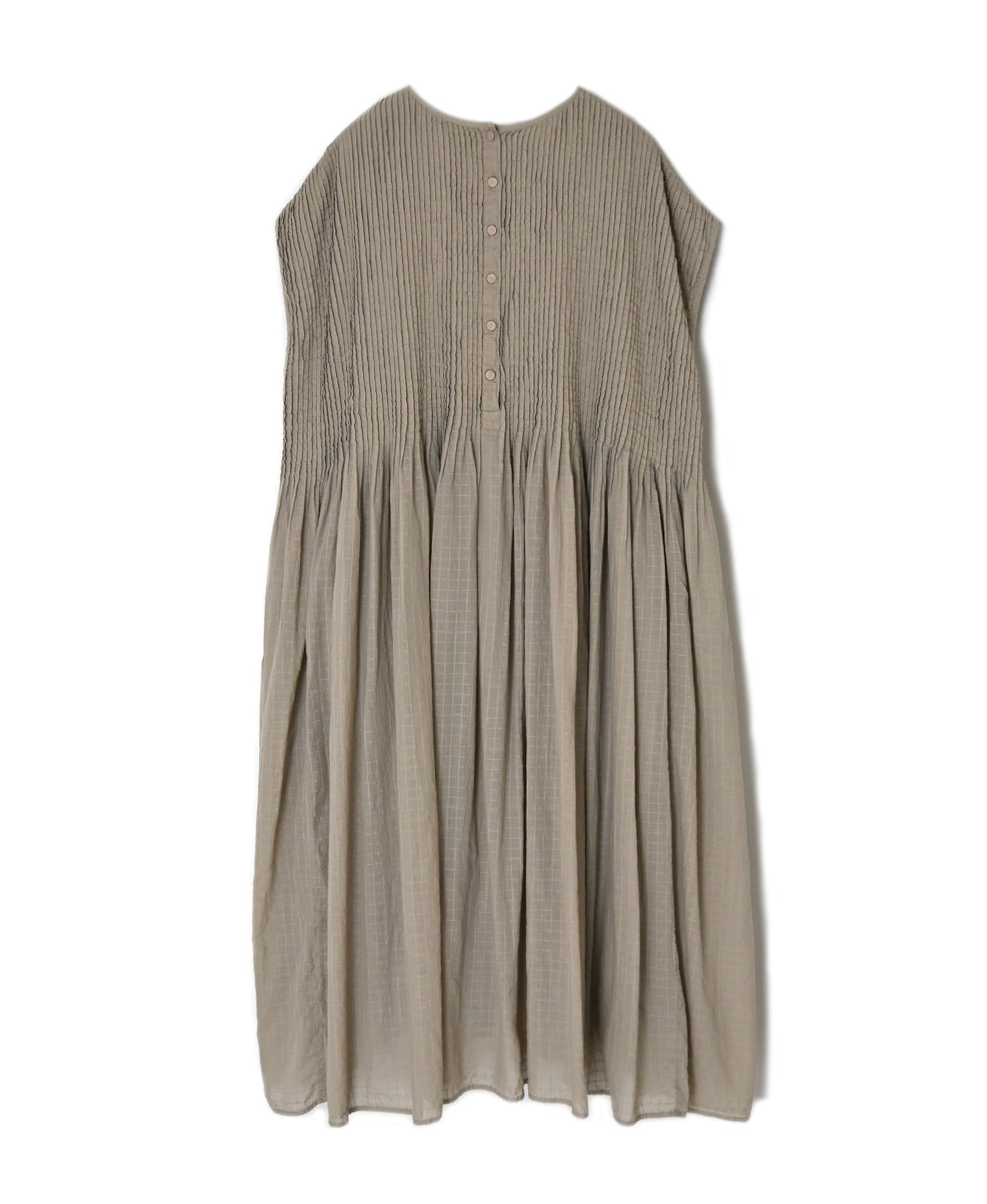 NMDS26503D 80s ORGANIC DOBIE CHECK OVERDYE CREW-NECK F/SL DRESS WITH PINTUCK