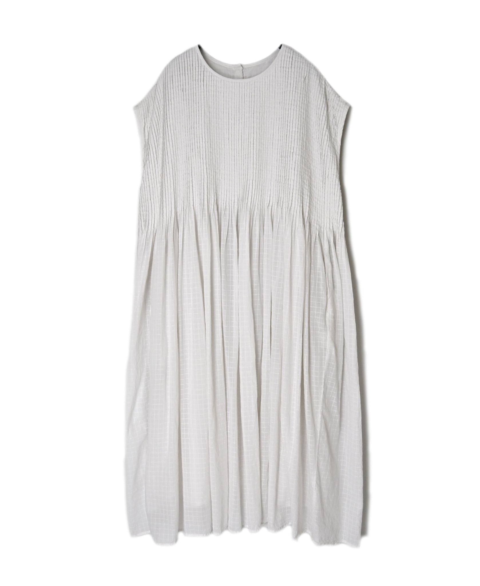 NMDS26503D 80s ORGANIC DOBIE CHECK OVERDYE CREW-NECK F/SL DRESS WITH PINTUCK