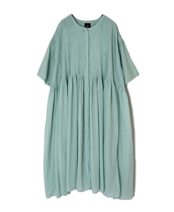 NMDS26504D 80s ORGANIC DOBIE CHECK OVERDYE CREW-NECK BUTTON SHIRT MAXI DRESS WITH PINTUCK