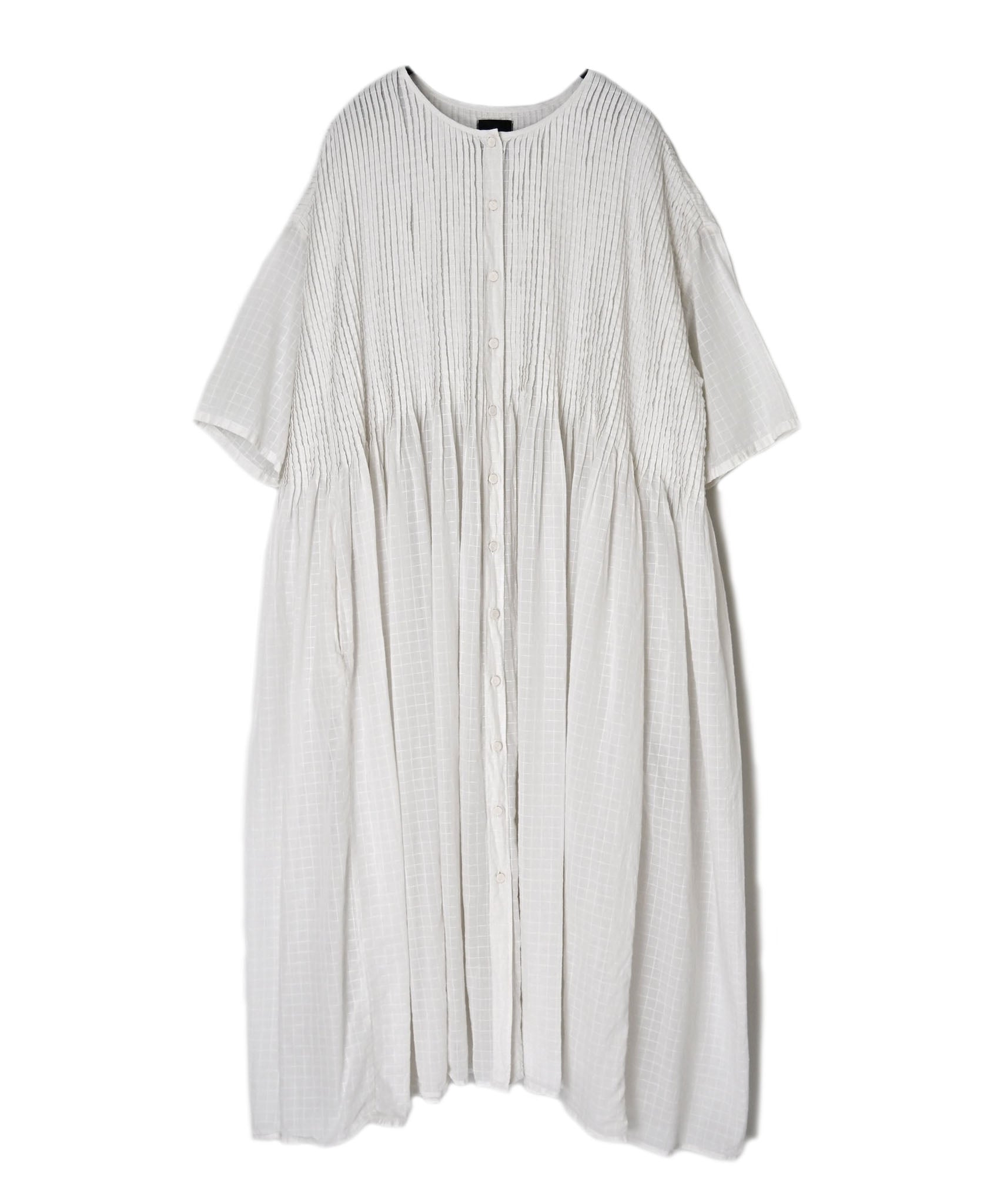 NMDS26504D 80s ORGANIC DOBIE CHECK OVERDYE CREW-NECK BUTTON SHIRT MAXI DRESS WITH PINTUCK